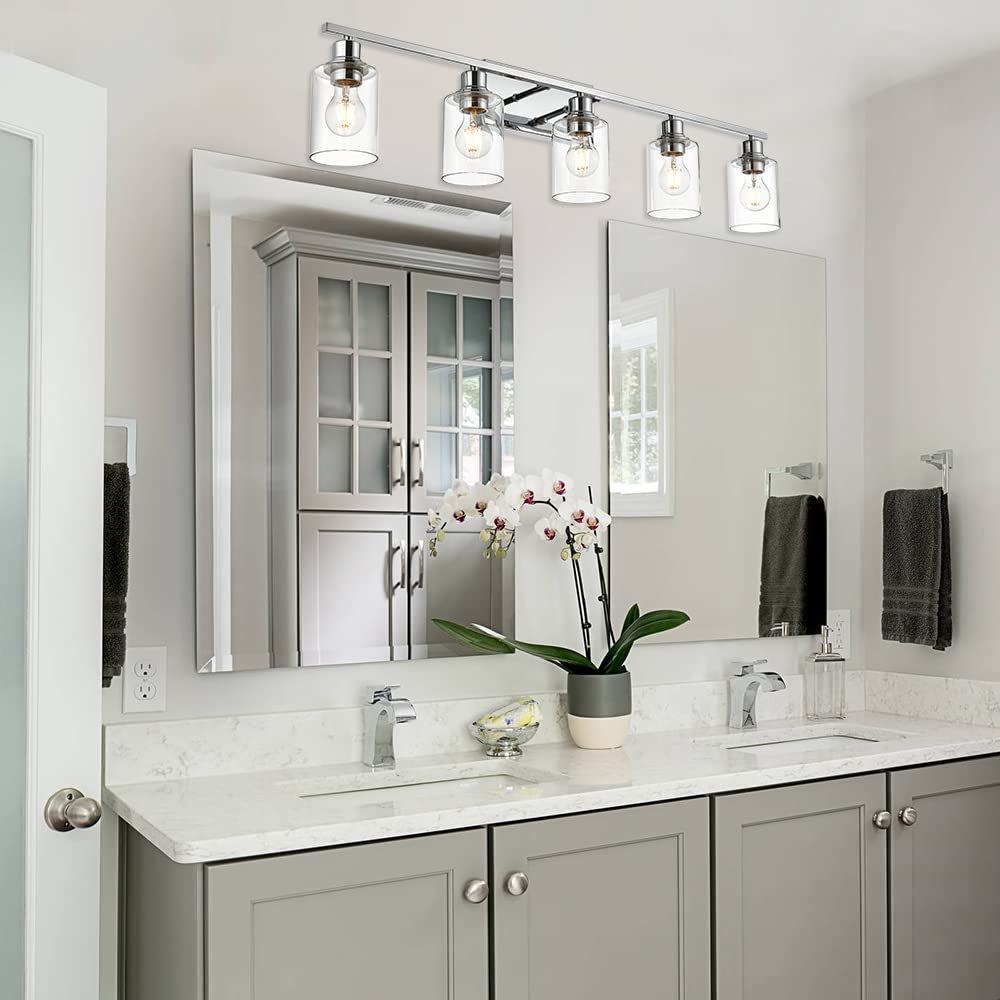 VINLUZ 5 Light Bathroom Lighting Fixture, Chrome Finish, Clear Glass Shade, Contemporary Wall Light for Entryway and Hallway