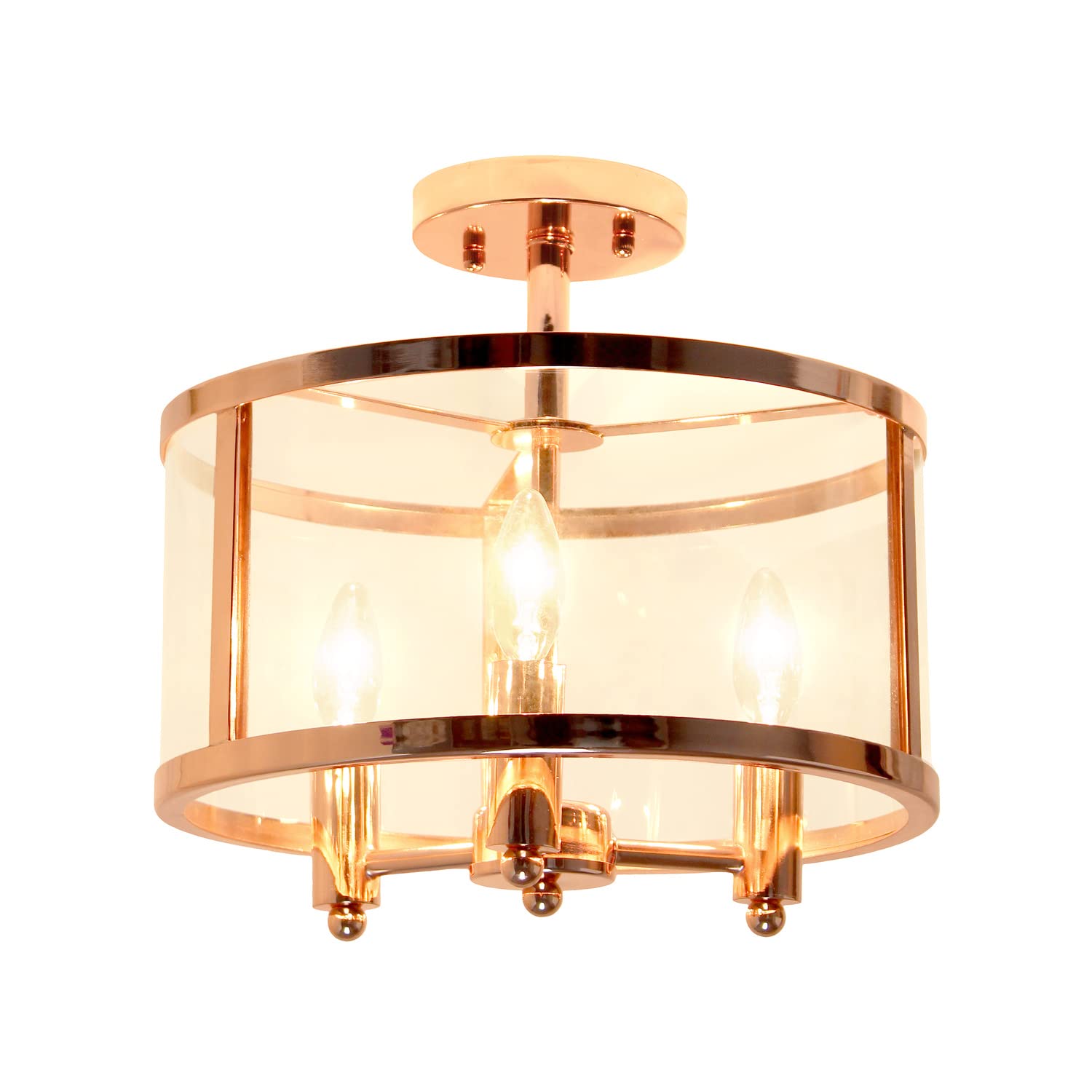 Elegant Designs FM1005-RGD 3-Light Semi-flushmount Ceiling Light, 13in Iron and Glass, Rose Gold, Traditional Farmhouse Style
