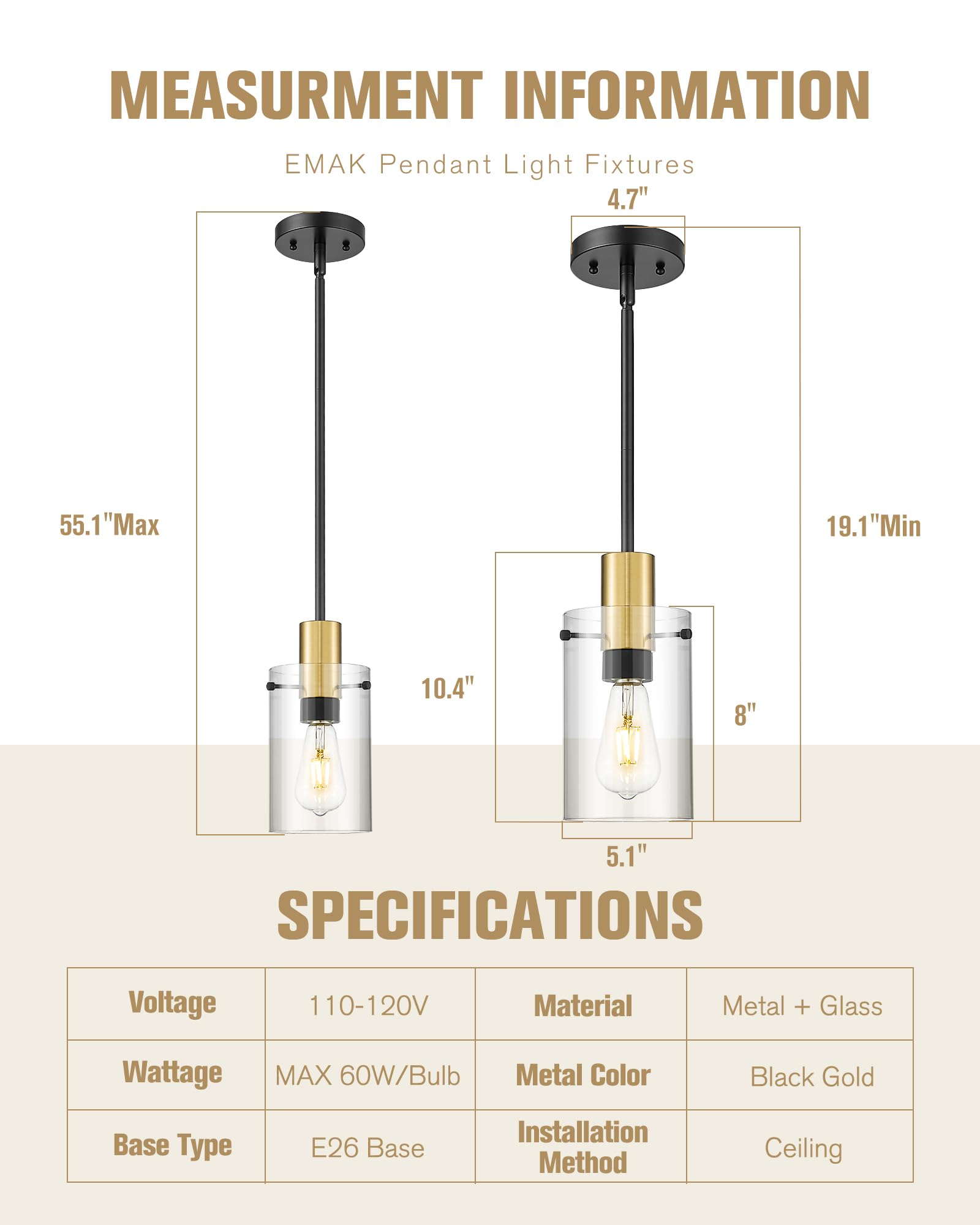 Emak 2 Pack Black And Gold Pendant Light,Modern 5 Inch Pendant Lights Kitchen Island With Clear Glass Shade, Farmhouse Kitchen I