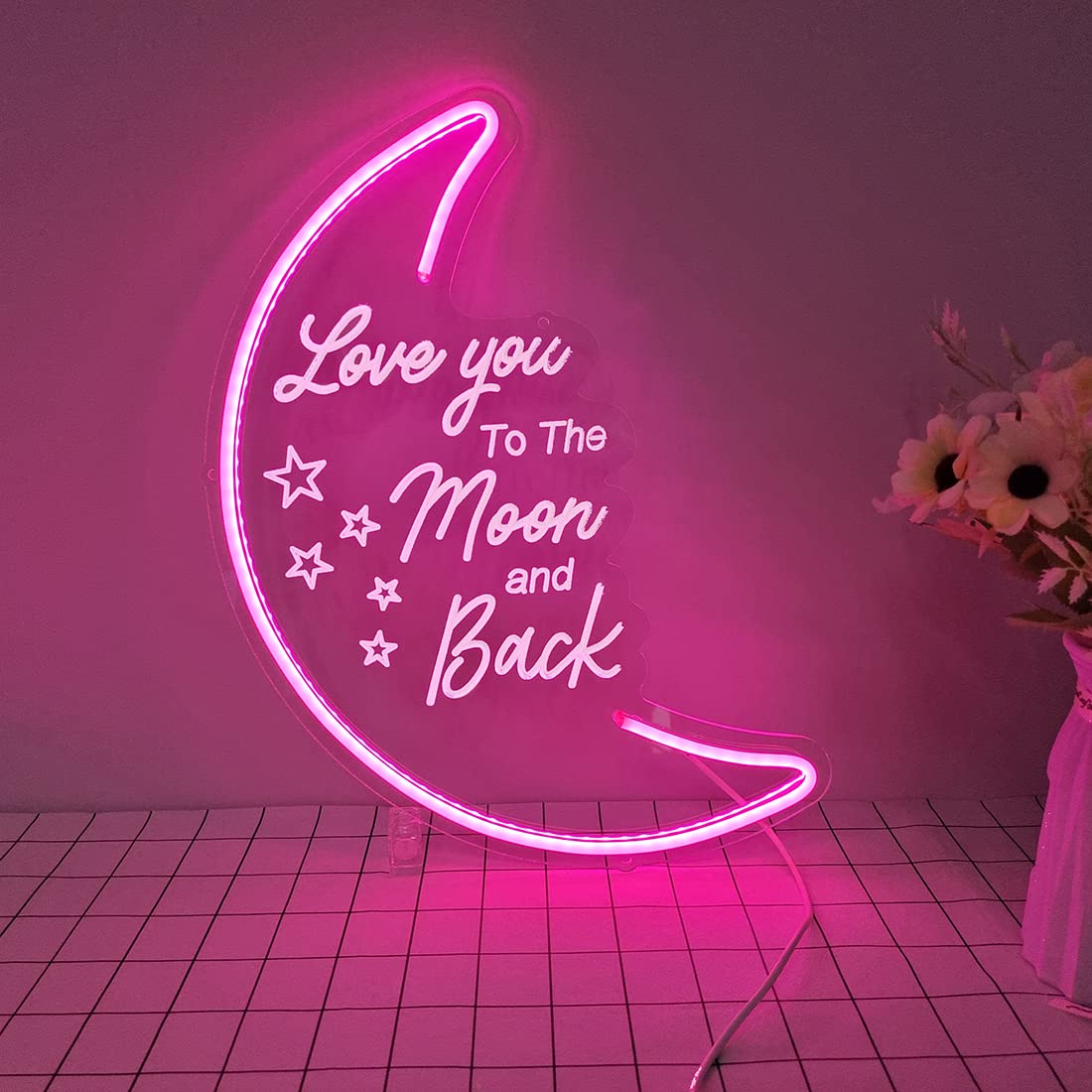 Britrio LED Moon Neon Light Sign, Pink 15.75"x10.24", USB Powered with Dimmer, Acrylic Decor for Kids' Bedroom & Parties