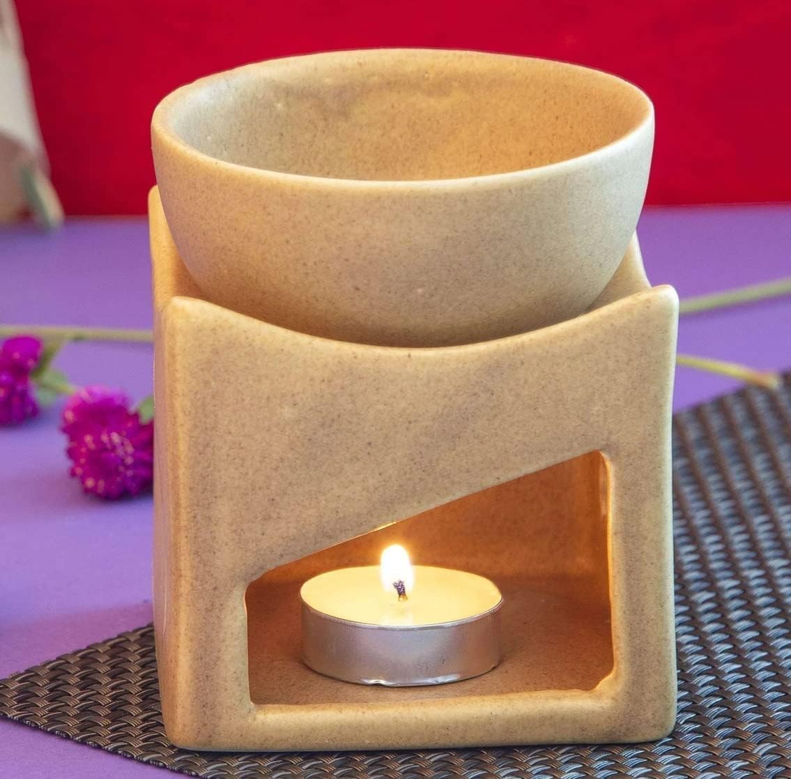 Mkd2 Rise Ceramic Clay Candle Operated Aroma Burner Oil Diffuser/Oil Burner Lamp with 1 Tealight (Mustard, Square) for Fragrance