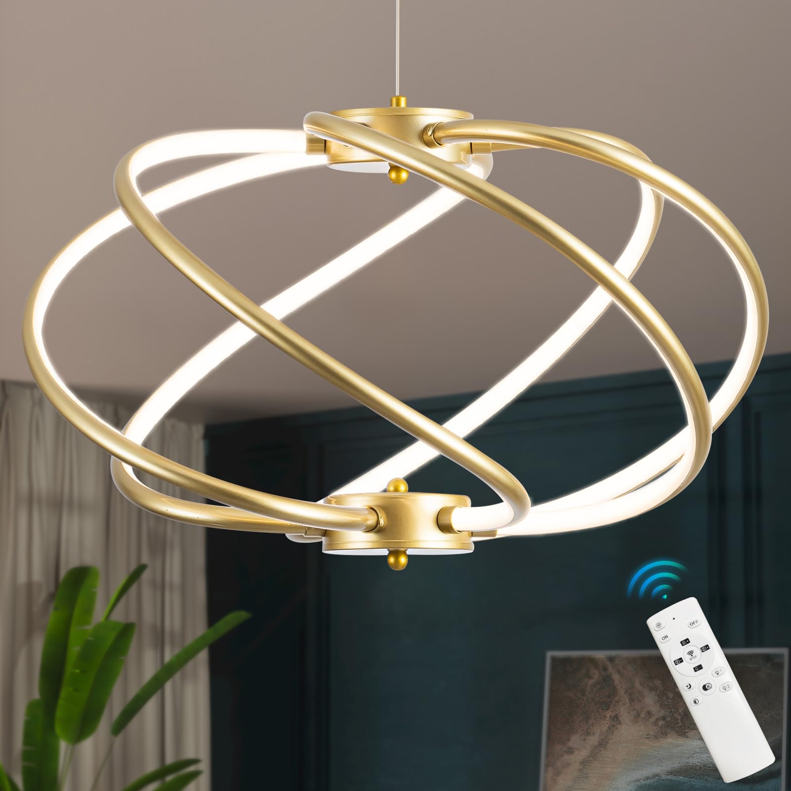 CHYING Modern Gold Chandelier LED Dimmable Pendant Light 3000K-6000K Cage Chandeliers Lighting Contemporary Dining Room Light Fi
