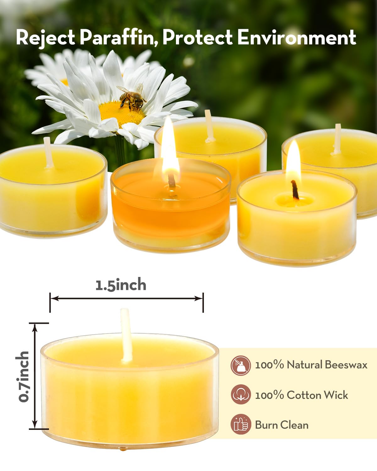 Ashlux Beeswax Tealight Candles, Unscented, 15 Pack, Yellow, 4 Hours Burn Time, Handmade, Clear Cups
