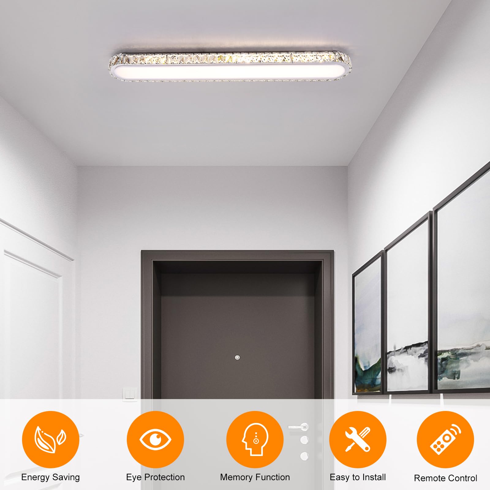 Qcyuui Dimmable Led Ceiling Light 39.4 Kitchen Lighting Fixtures Ceiling Modern stylish Crystal Ceiling Light With Remote Chrome Long Ceiling Light Fixture For Kitchen Dining Room Hallway 48W