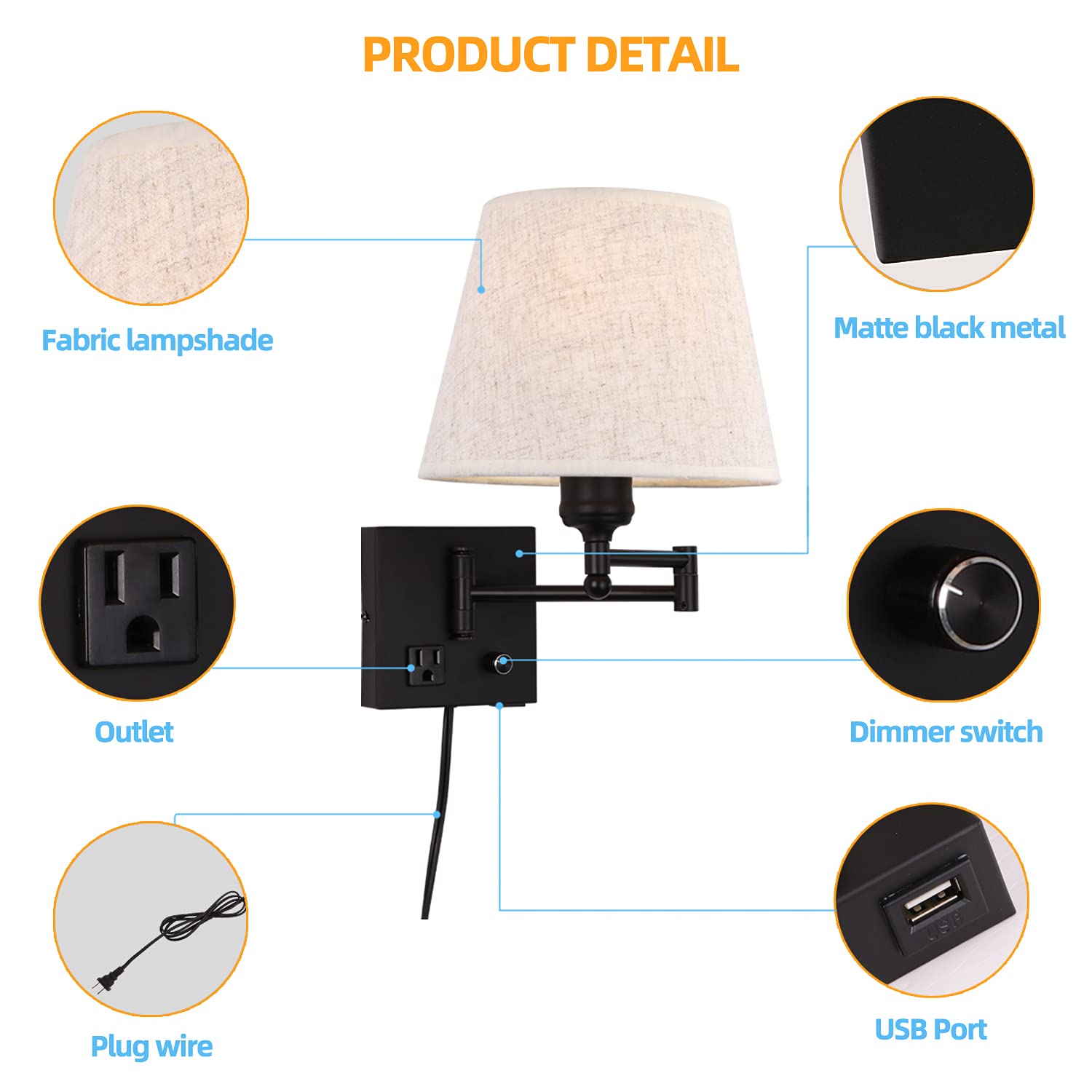 Affsure Bedside Wall Mount Light, Dimmable, USB Port, Black Fabric Shade, Model 619191209705
