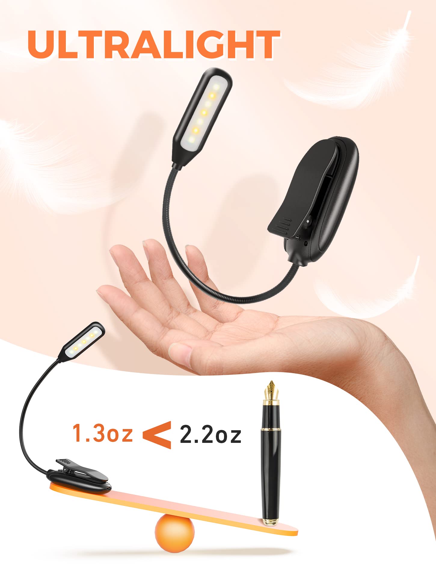 Monotremp LED Book Light - Rechargeable, 80 Hours, 3 Brightness Levels, 3 Color Temperatures, Lightweight Model MT538