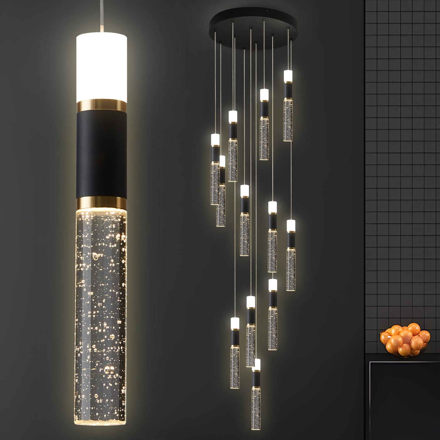 EMBRING 12-Light Pendant Light Fixture, Dimmable with Remote Control, Black Gold, Aluminum, Model SW001-StDBykl-bg-12light
