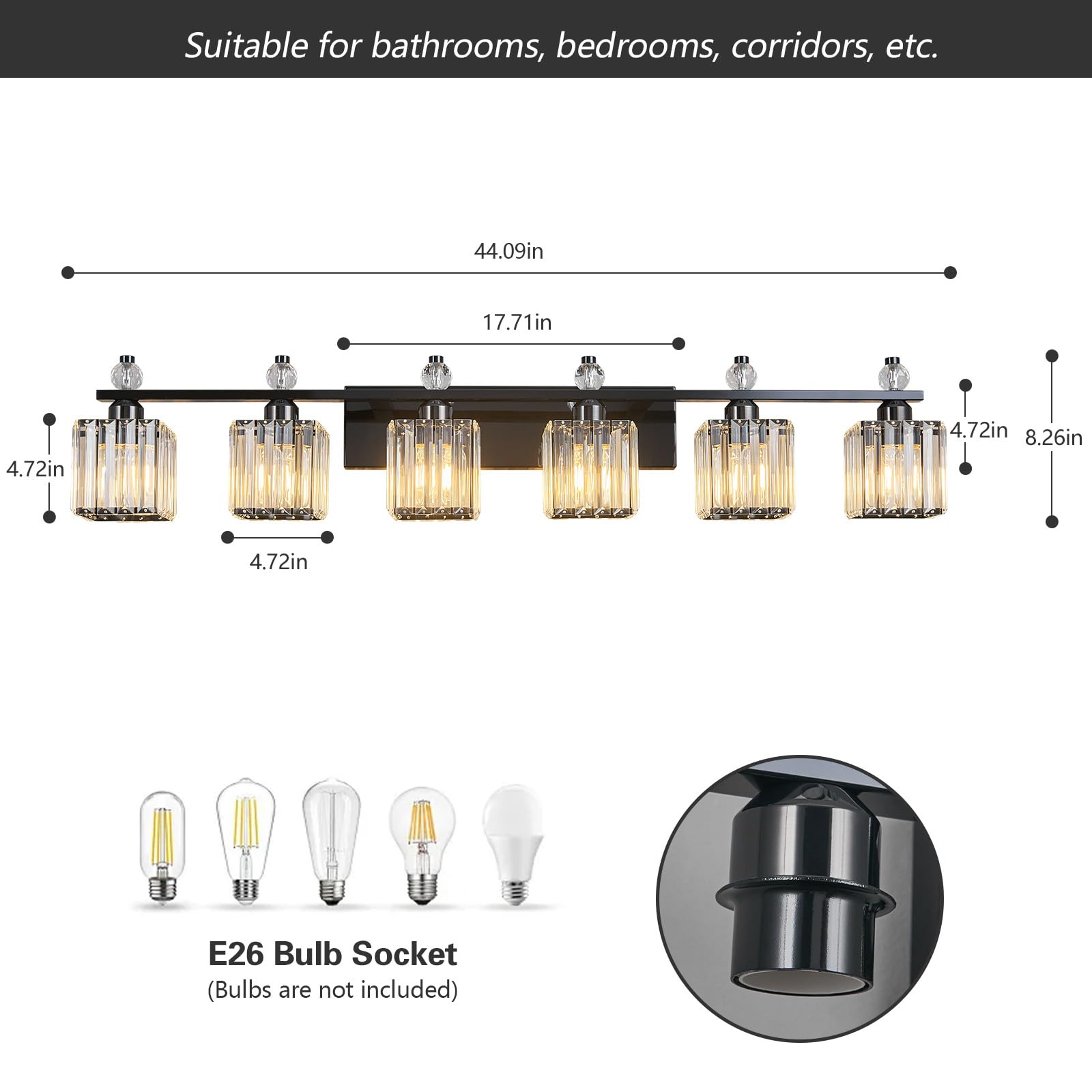 FDPBY 6-Light Crystal Vanity Light Fixtures, Plating Black, Metal, Model 290, Modern Bathroom Lighting Over Mirror