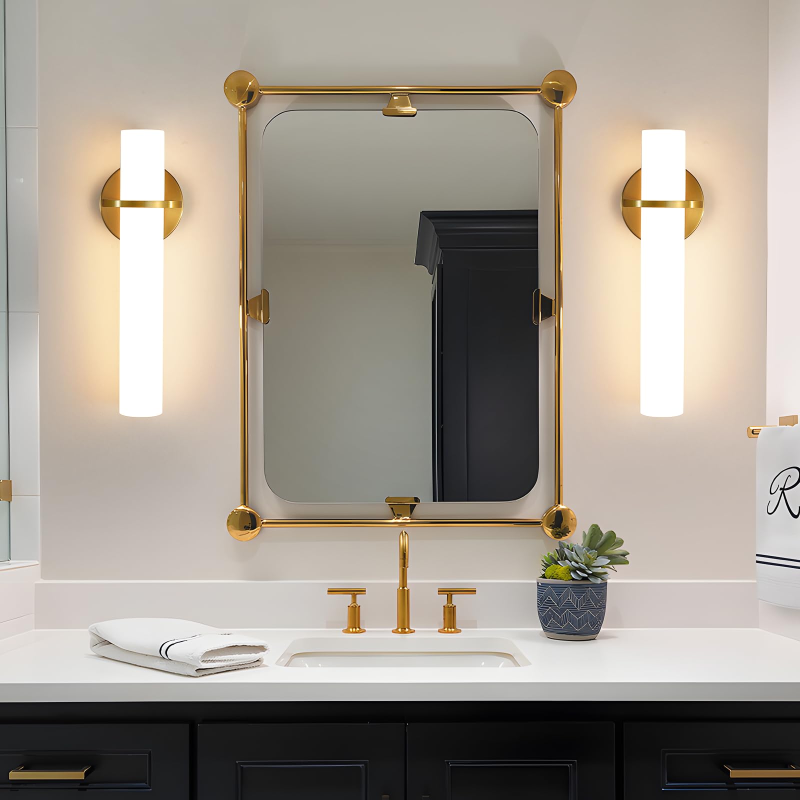 AIJIASI Gold Wall Sconces Set of Two, 15W Dimmable LED Bathroom Vanity Light, Acrylic Lampshade, Model 8001WL-14GD-US-2P