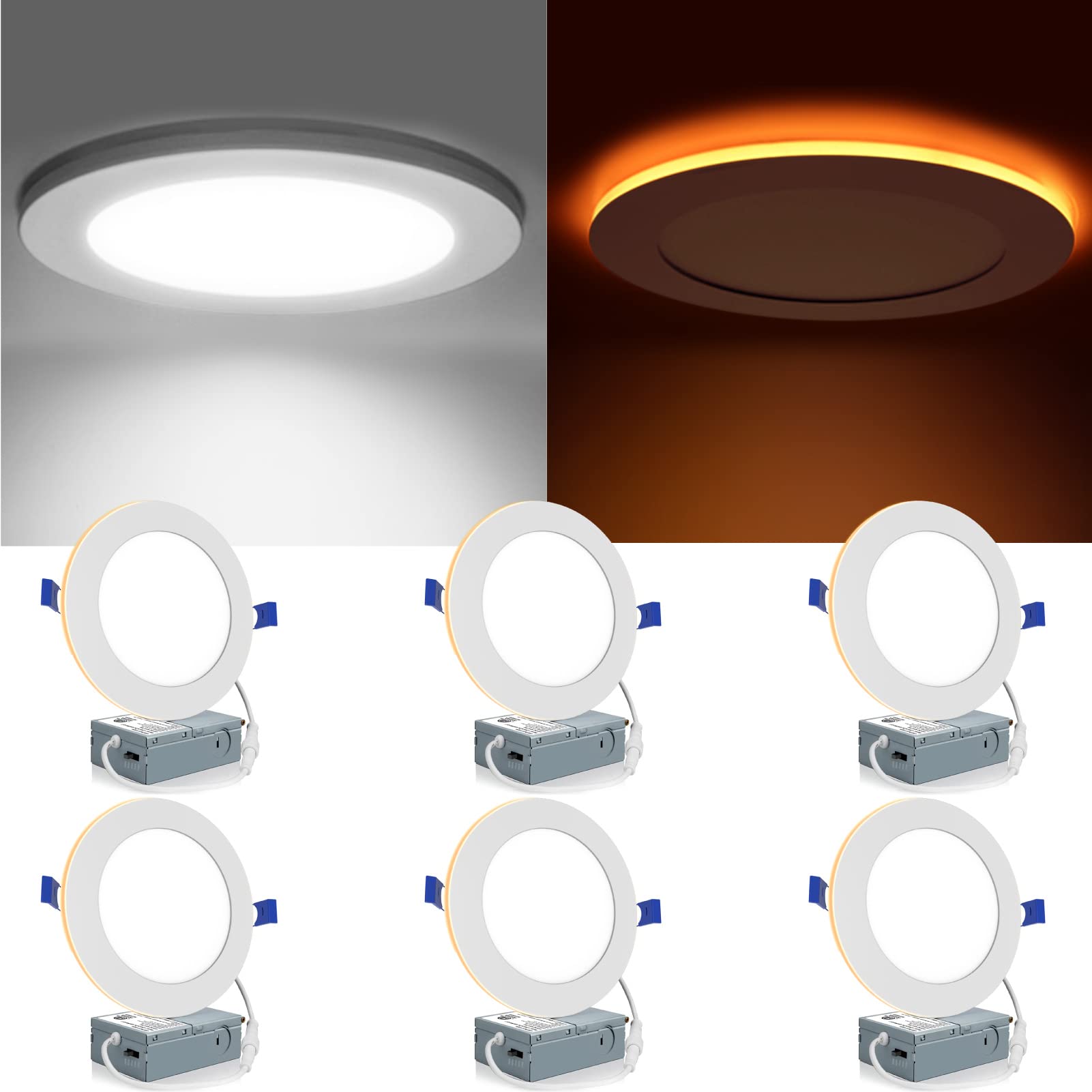 Meconard 6 Pack 6 Inch 5CCT LED Recessed Lighting with Night Light, 2700K/3000K/3500K/4000K/5000K Selectable Ultra-Thin LED Rece