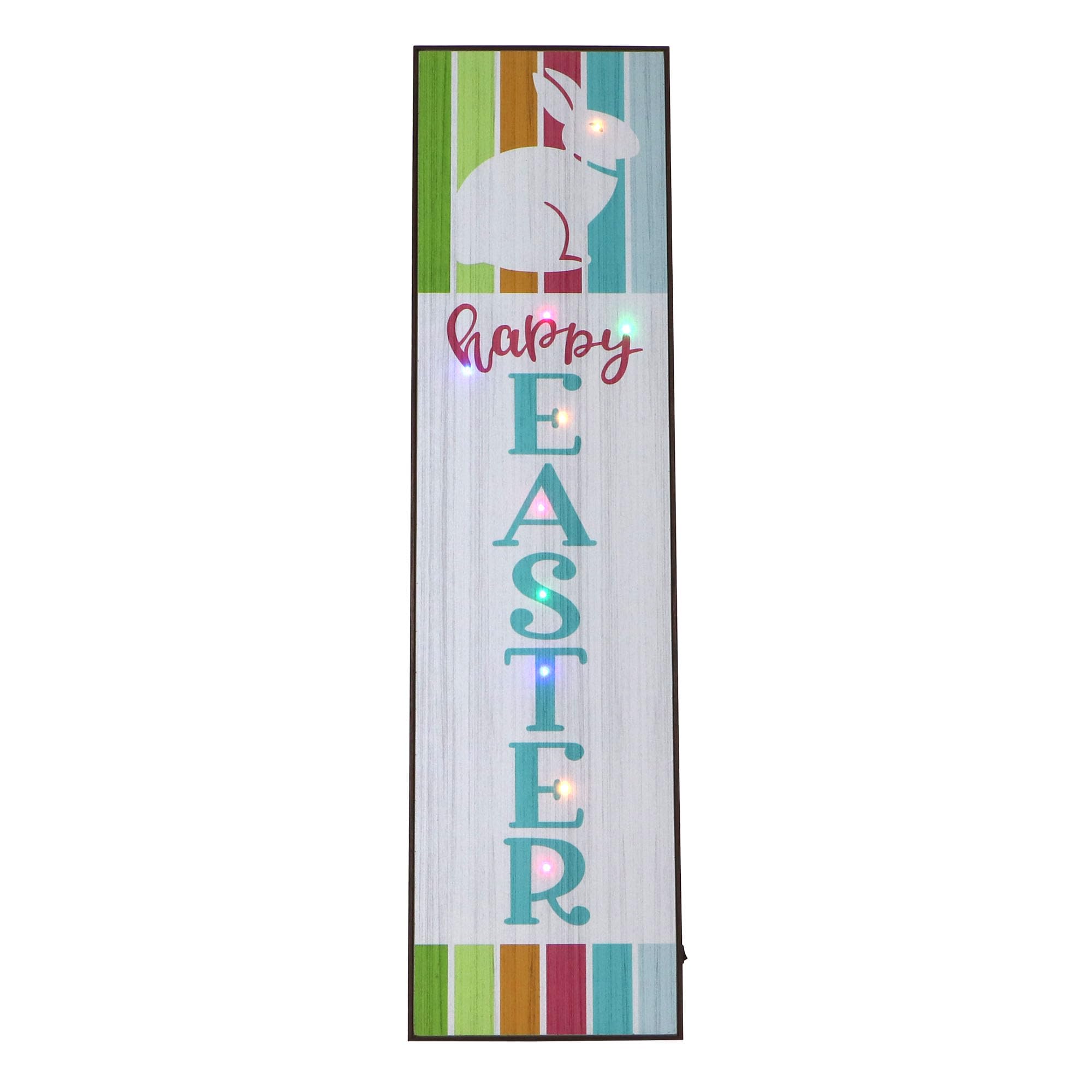 Fraser Hill Farm 45" Happy Easter Porch Leaner Sign With Bunny And 10 Battery-Operated Led Lights, Easter Decorations For The Home, Indoor & Outdoor Festive Spring Decor, Multi-Color Stripes
