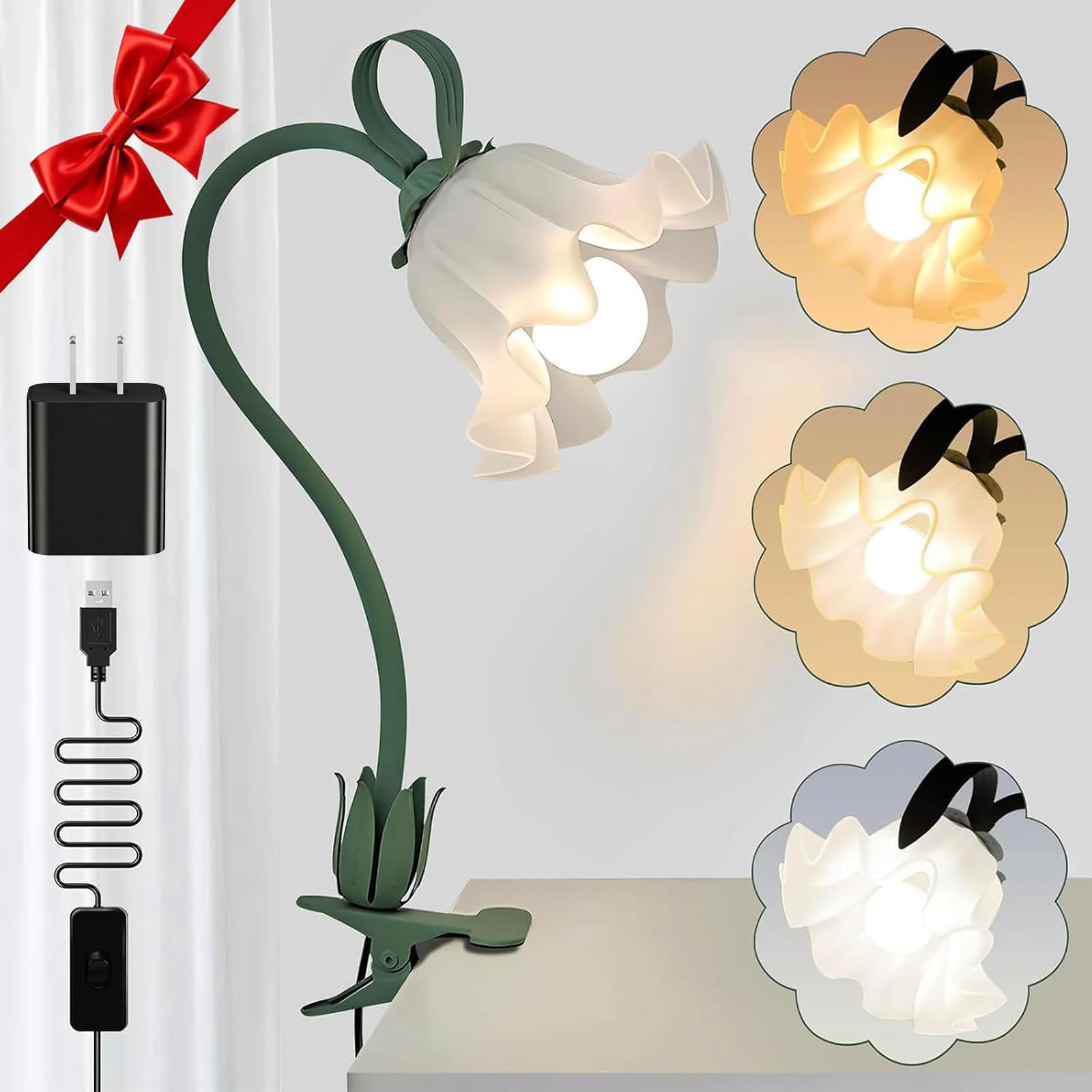 ONXE Clip On Light and Flower Desk Lamp  Flexible Gooseneck Reading Book Light with 3 Color Modes Cute Table Lamp Decor  Clip on Bedside Lamp for Bed Headboard Table  Nursery Dorm (Green-02)