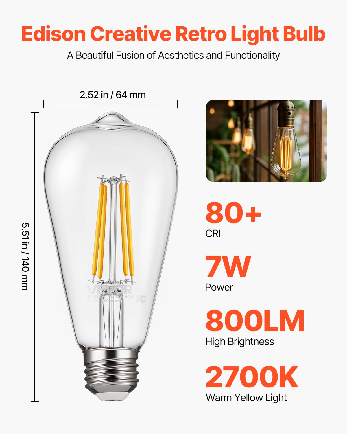 VEVOR Edison Bulbs 7W Dimmable 800 Lumens ST19 Vintage Glass Light Bulbs 2700K Warm White E26 Base 6 Pack
