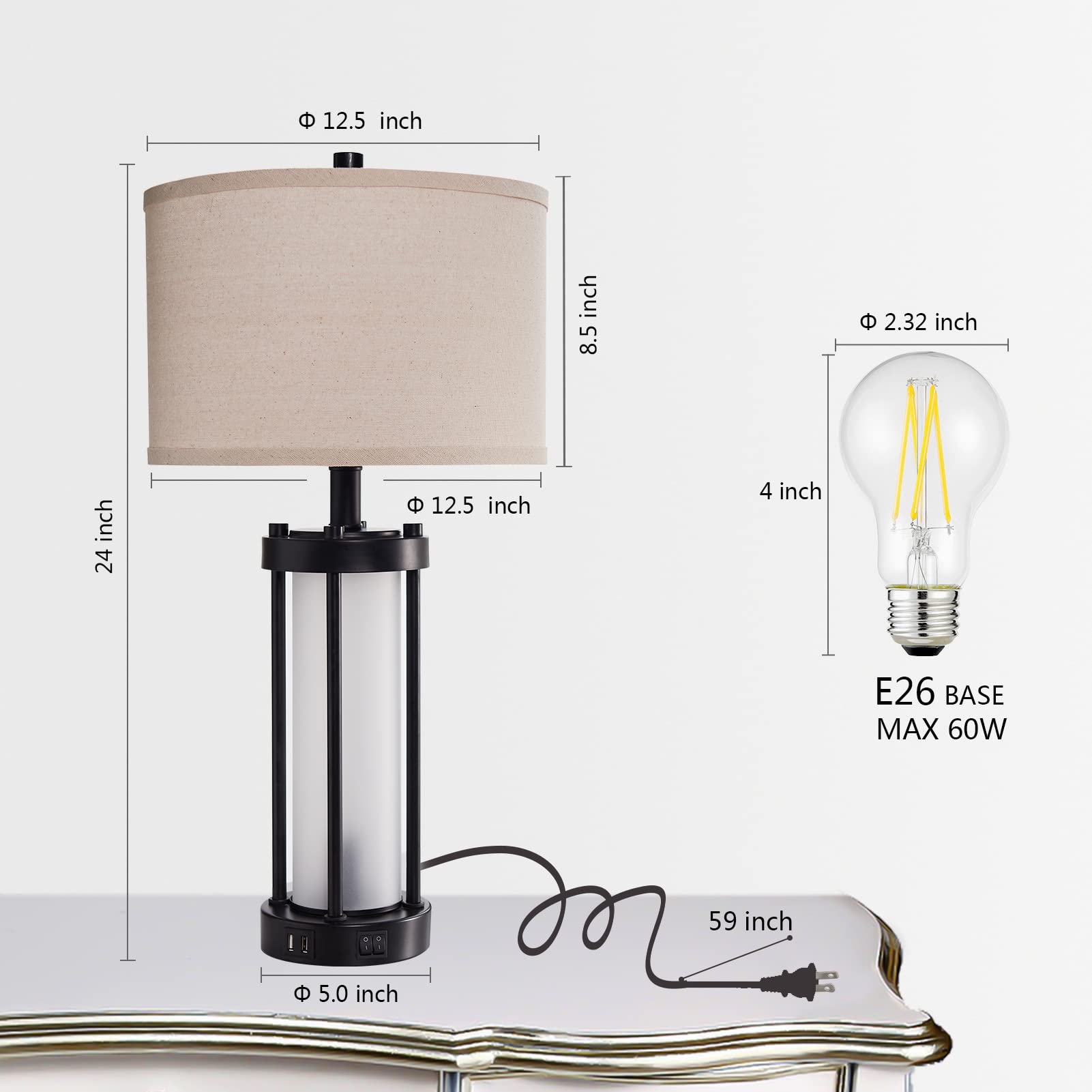 Roria Set Of 2 Modern Table Lamps For Living Room With 2 Usb Ports, White Frosted Glass Nightlight For Bedroom, Contemporary Des