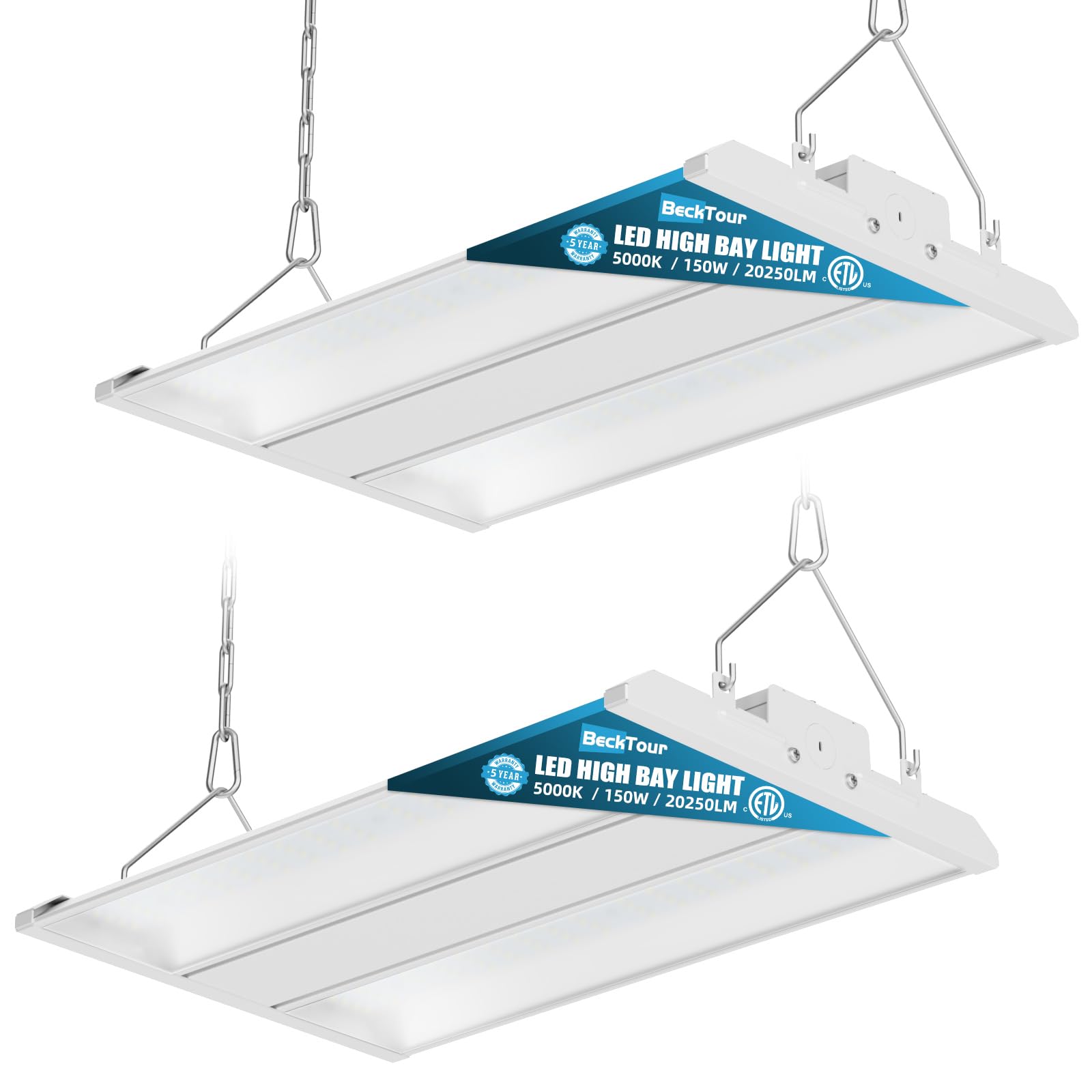 BeckTour 150W LED Linear High Bay Shop Light 2-Pack, 20250LM 0-10V Dimmable 5000K Daylight 120-277V, High Bay LED Shop Lights fo