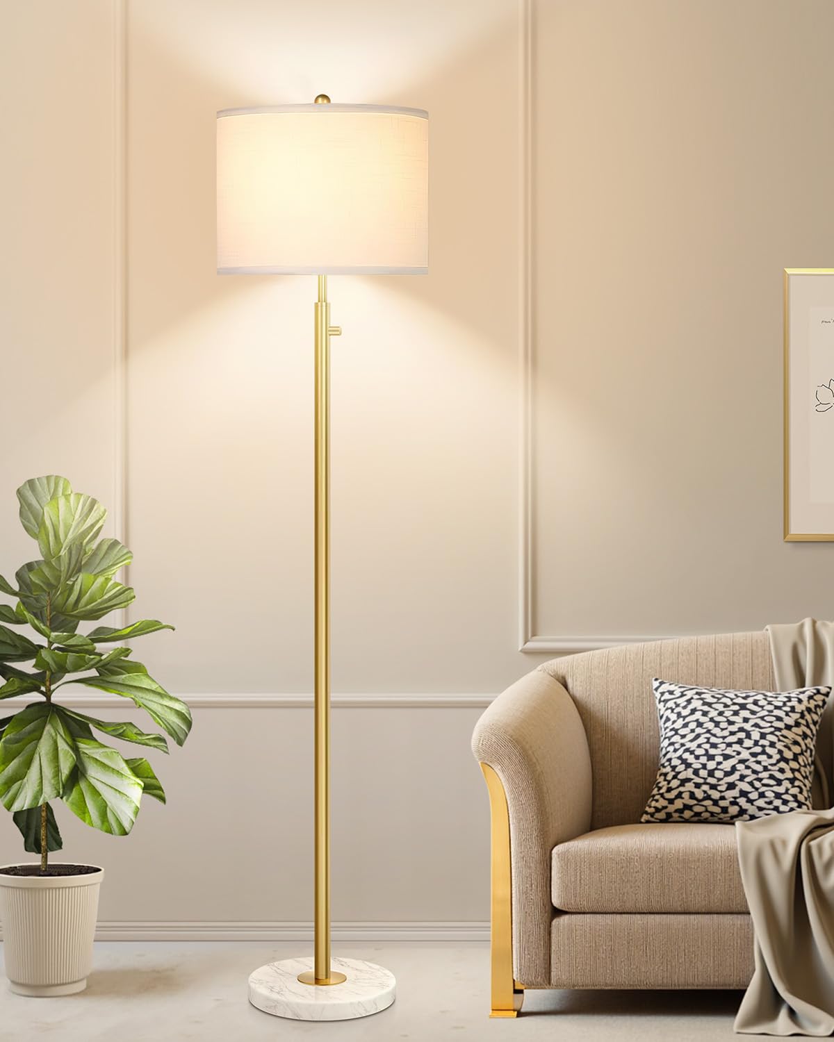 ?Upgraded?Dimmable Gold Floor Lamp For Living Room, 11W Led Bulb Included, Modern Standing Lamp With Marble Base, Tall Pole Ligh