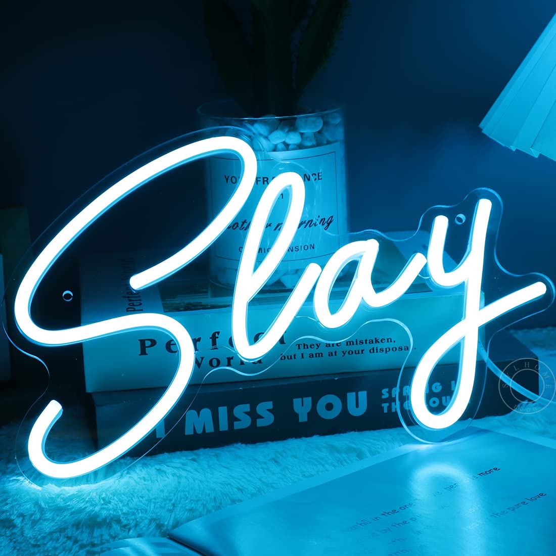 SYLHOME LED Neon Light Sign for Bedroom, Game Room, USB Night Light, 11.8in x 8in, Blue Slay, Acrylic and Plastic Material