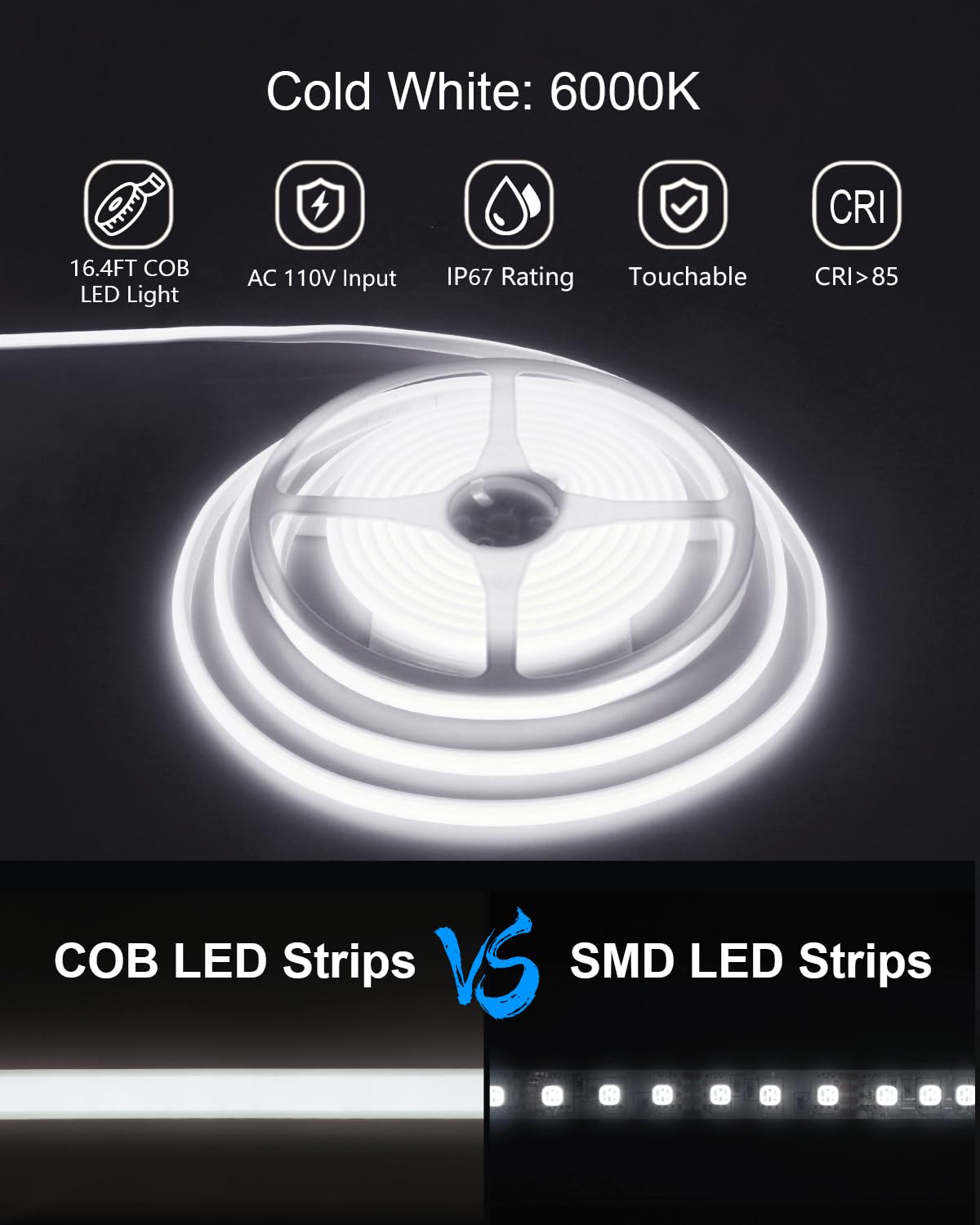 Alitove 110V 120V Led Strip Lights Waterproof 16.4Ft Cob Style Super Bright Daylight White Led Strip Lights 6000K Cri90+ For Indoor Outdoor Home Commercial Lighting(No Remote Version)