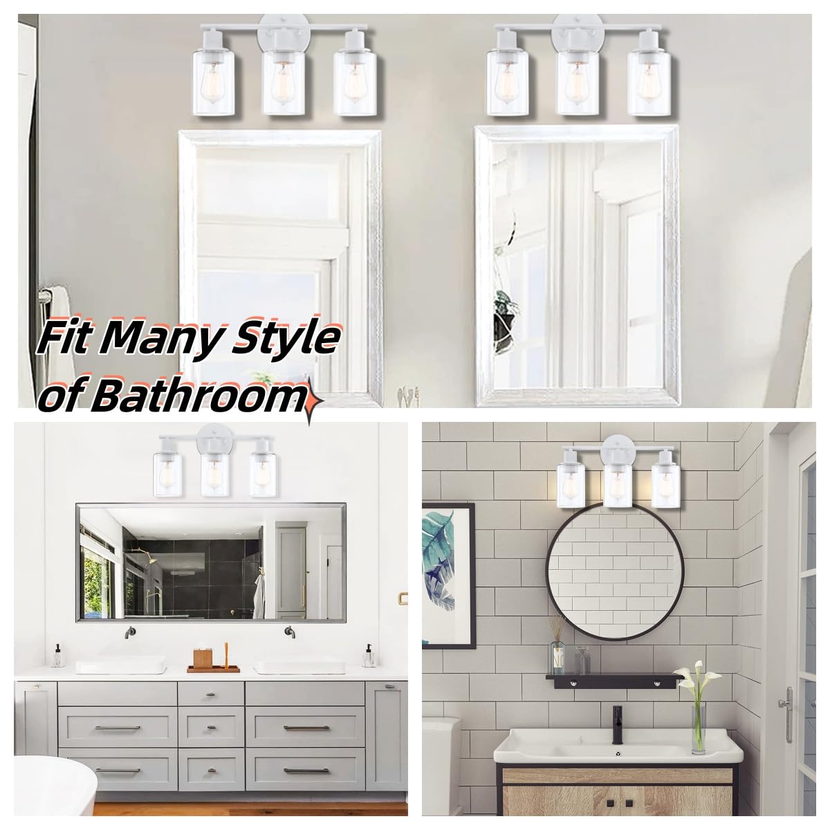 WISBEAM 3-Light Bathroom Vanity Wall Light, Glass Shade, E26 Base, White, Model WS-VNT004