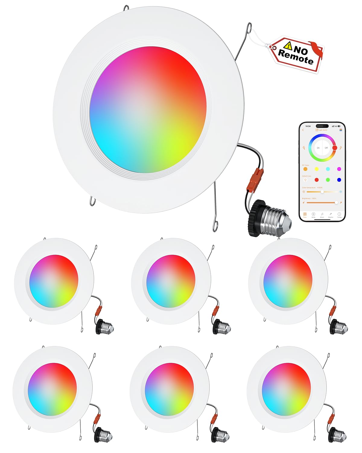 Neliwo LED Recessed Lighting 6 inch/5 inch, Smart RGB Bluetooth Can Lights, 13W 1050LM, Color Changing, Retrofit Led Recessed Li