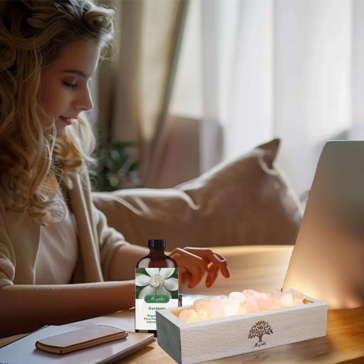 Mlynkl Essential Oil Diffuser-Salt Lamp Aromatherapy Diffuser-Natural Pink Himalayan Salt Lamp 300G With Wooden Base & Warm Ligh