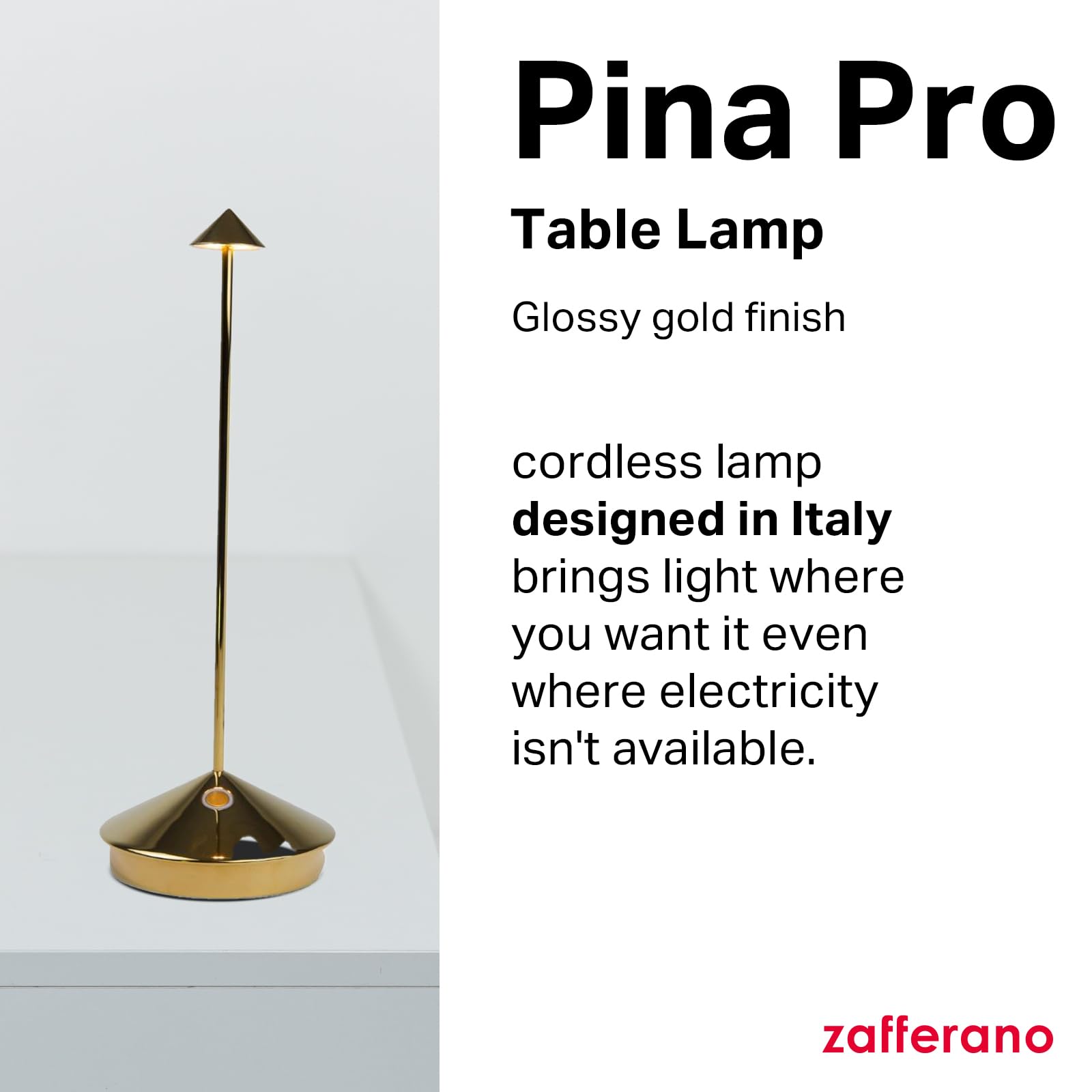 Zafferano, Pina Pro Lamp With Glossy Gold Finish, Rechargeable Cordless Table Lamp With Touch Controls, Usable As An Indoor Lamp