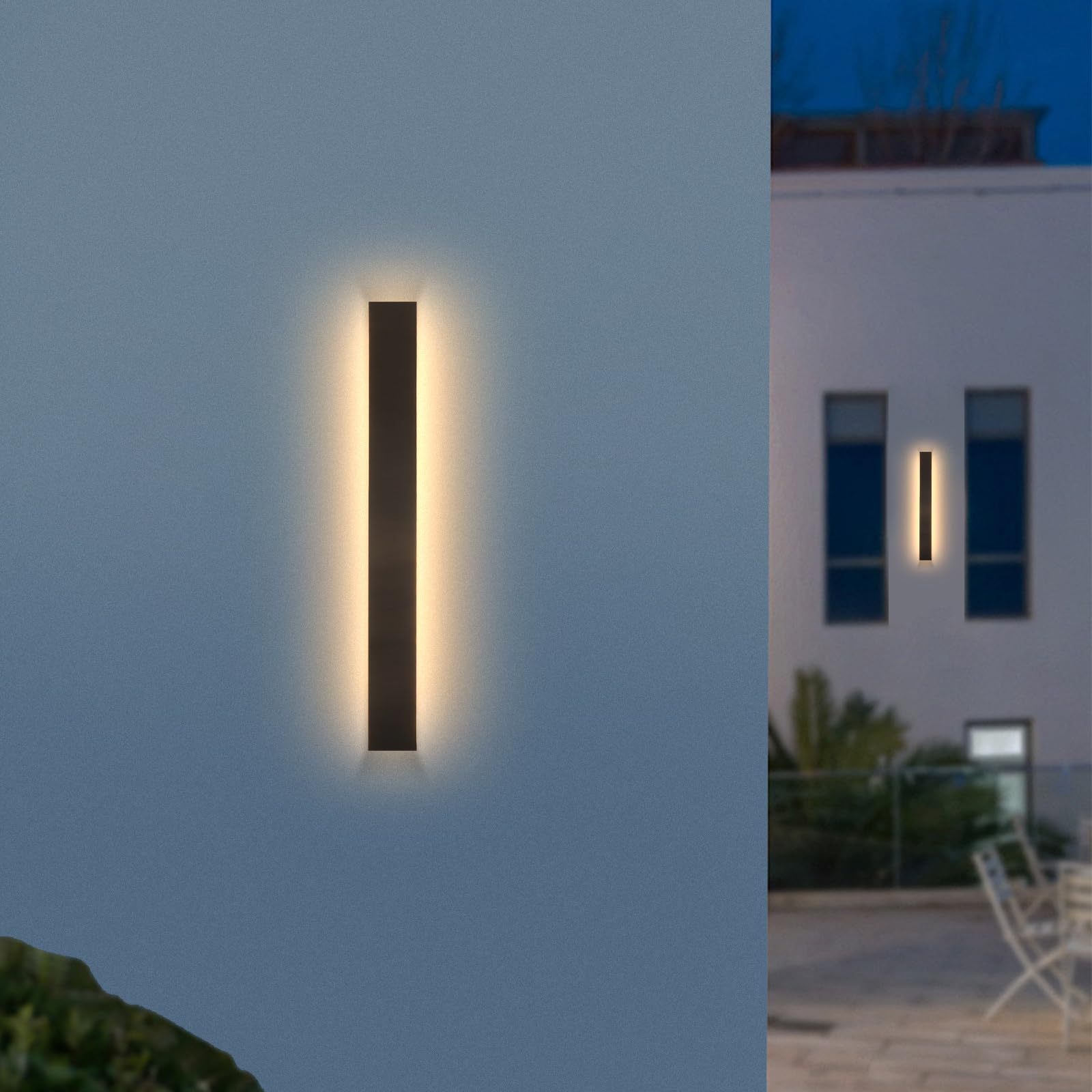 SJIGUANGZ 24 Inch Outdoor Wall Sconce Outdoor Modern Long Led Wall Light Waterproof Ip65 Black Band Linear Wall Lights 19W 3000K Rectangular Lighting Fixture Lamps Acrylic Anti Rust