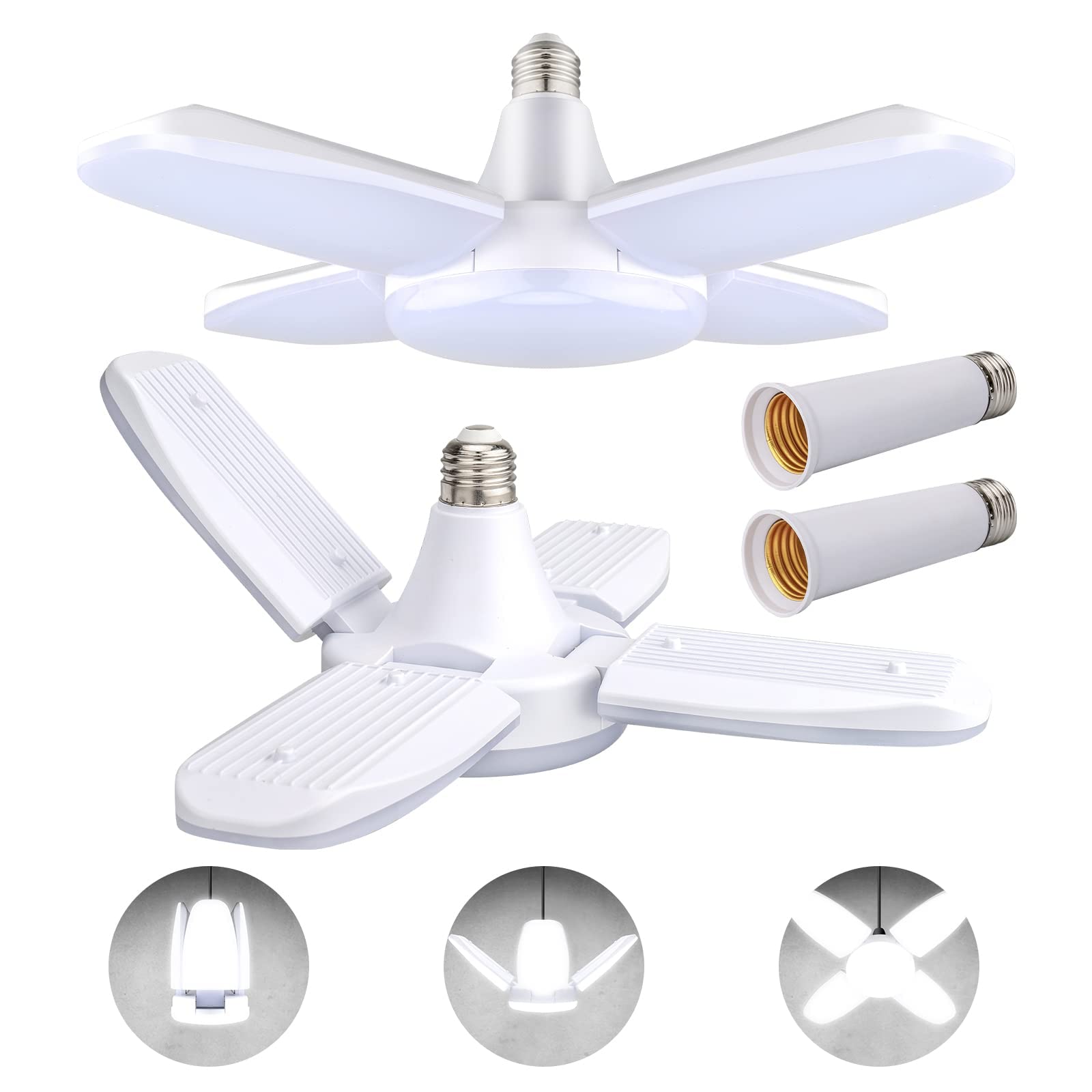 Coomoors LED Garage Lights 2 Pack, 4 Foot Adjustable Ceiling Light, 6500k 8000LM Deformable E26/E27 Garage Lights for Shop, Base