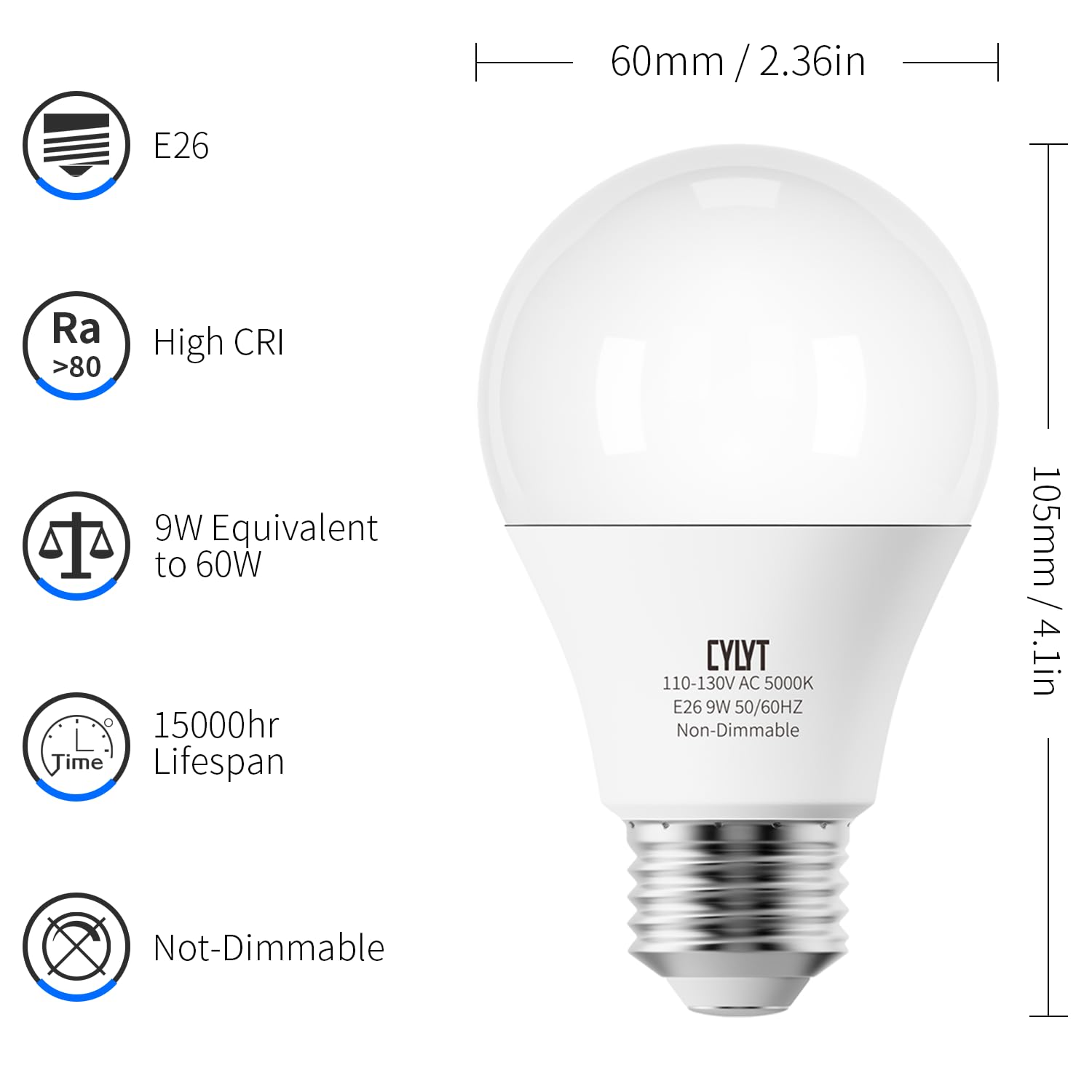 Cylyt Light Bulbs 60 Watt Equivalent Solt White 5000K, E26 A19 Led Light Bulb 9W 800 Lumen, Focos Led Para Casa, 120V 60Hz Lightbulbs For Indoor Outdoor, Non-Dimmable, 30-Pack