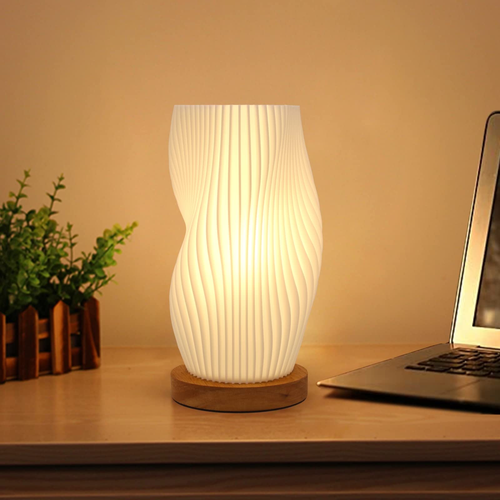 Zenply Small Vintage Striped Table Lamp, Wood, Warm-SM, Mini Bedside Light for Kids Room, Office, Dorm, Living Room