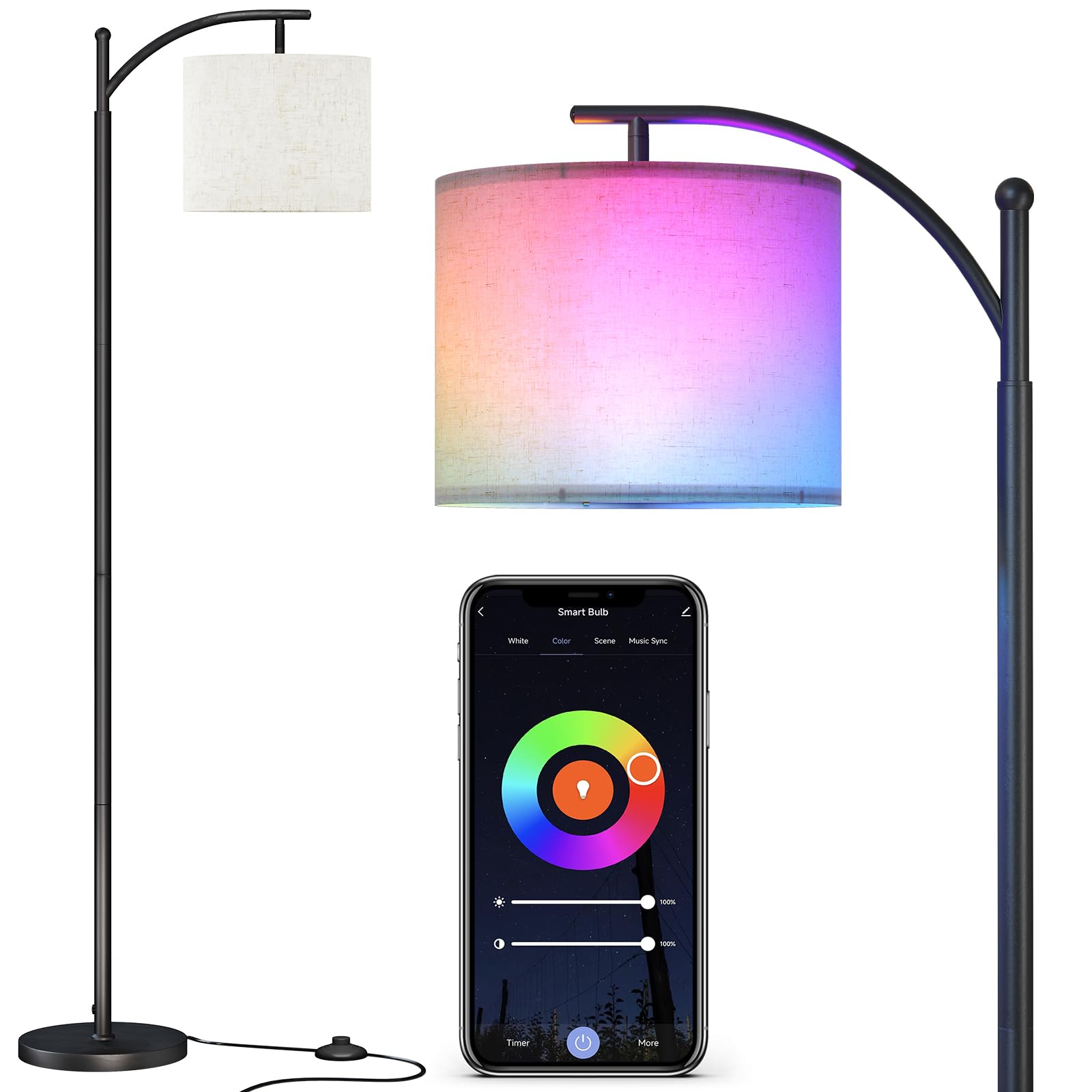 Sunmory Arc Floor Lamp, Smart App Remote Control Standing Floor Lamp With Rgb Bulb, Tall Lamp With Hanging Lampshade, Dimmable F
