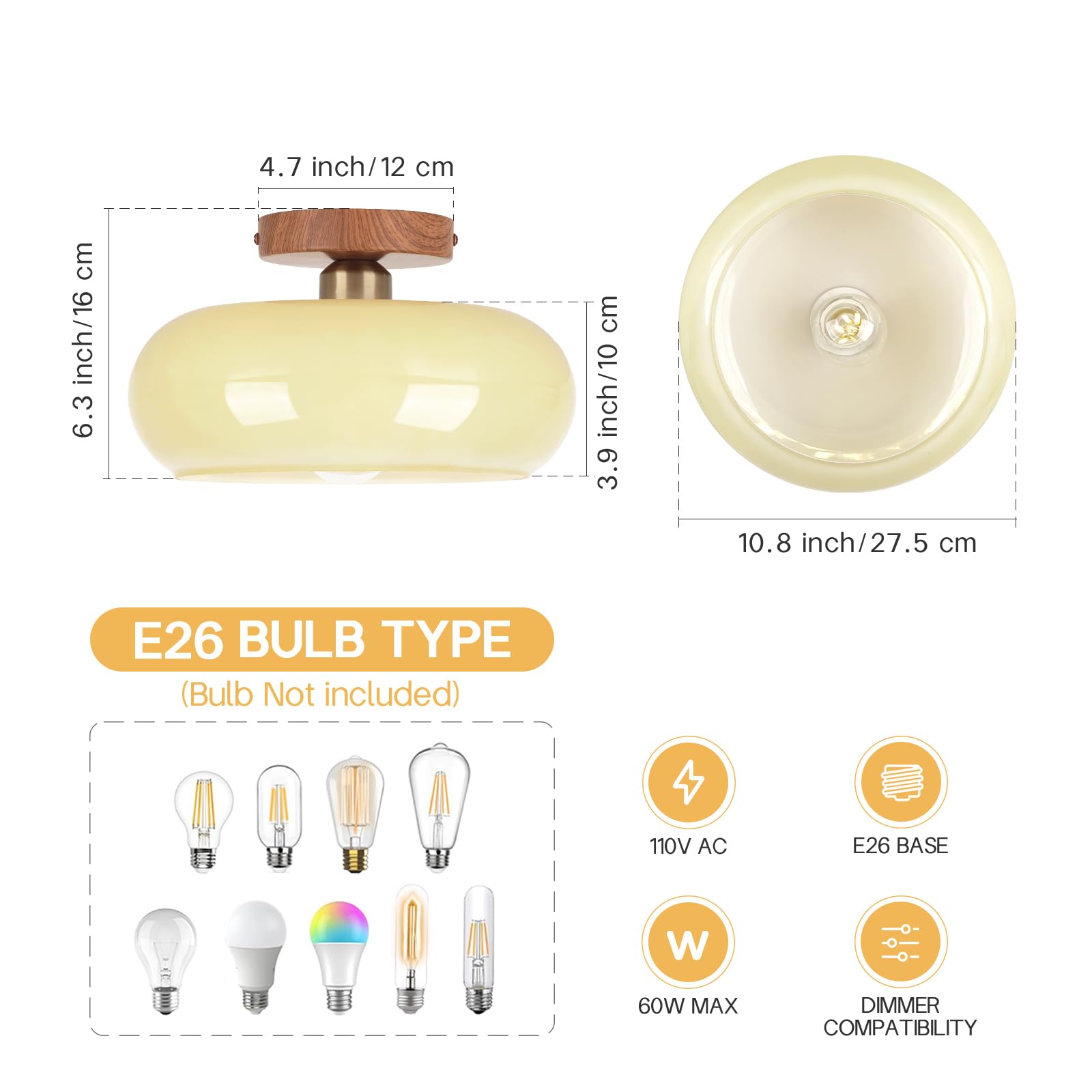 Clarsyne Mid Century Modern Schoolhouse Semi Flush Mount Ceiling Light  Cream Glass Lamp With Wood Grain Metal Base  Rustic Farmhouse Lighting Fixture For Bedroom  Hallway  Dining  Living  Entryway