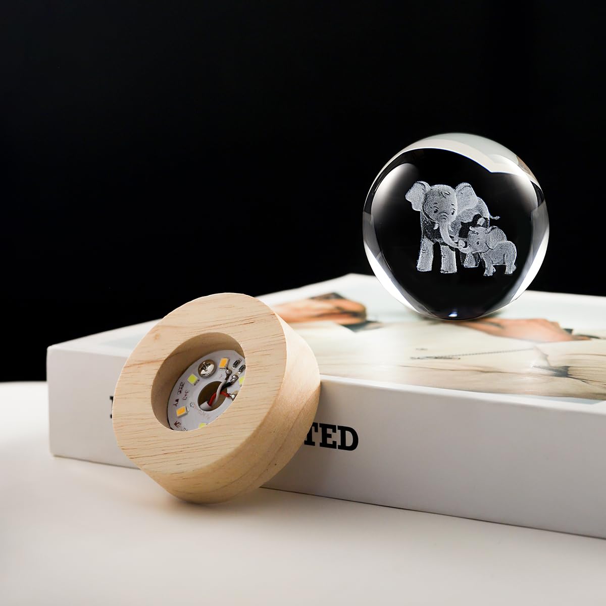 Hochance 3D Elephant Crystal Ball Lamp With Adjustable Brightness Led Wooden Base Night Light For Kids Teens mature-themeds Birthday Gift Home Desk Office Bedroom Decor (6Cm / 2.4 )