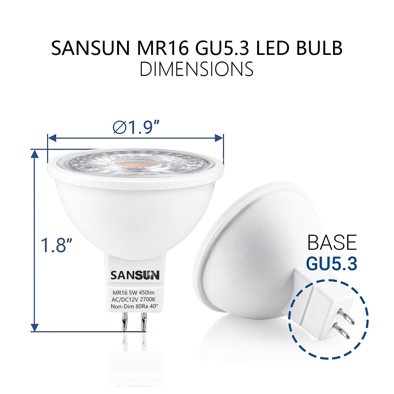 Sansun 5W Mr16 Led Landscape Light Bulbs, Low Voltage 12V 50W Halogen Replacement For Outdoor Landscape Spotlight And Indoor Tra