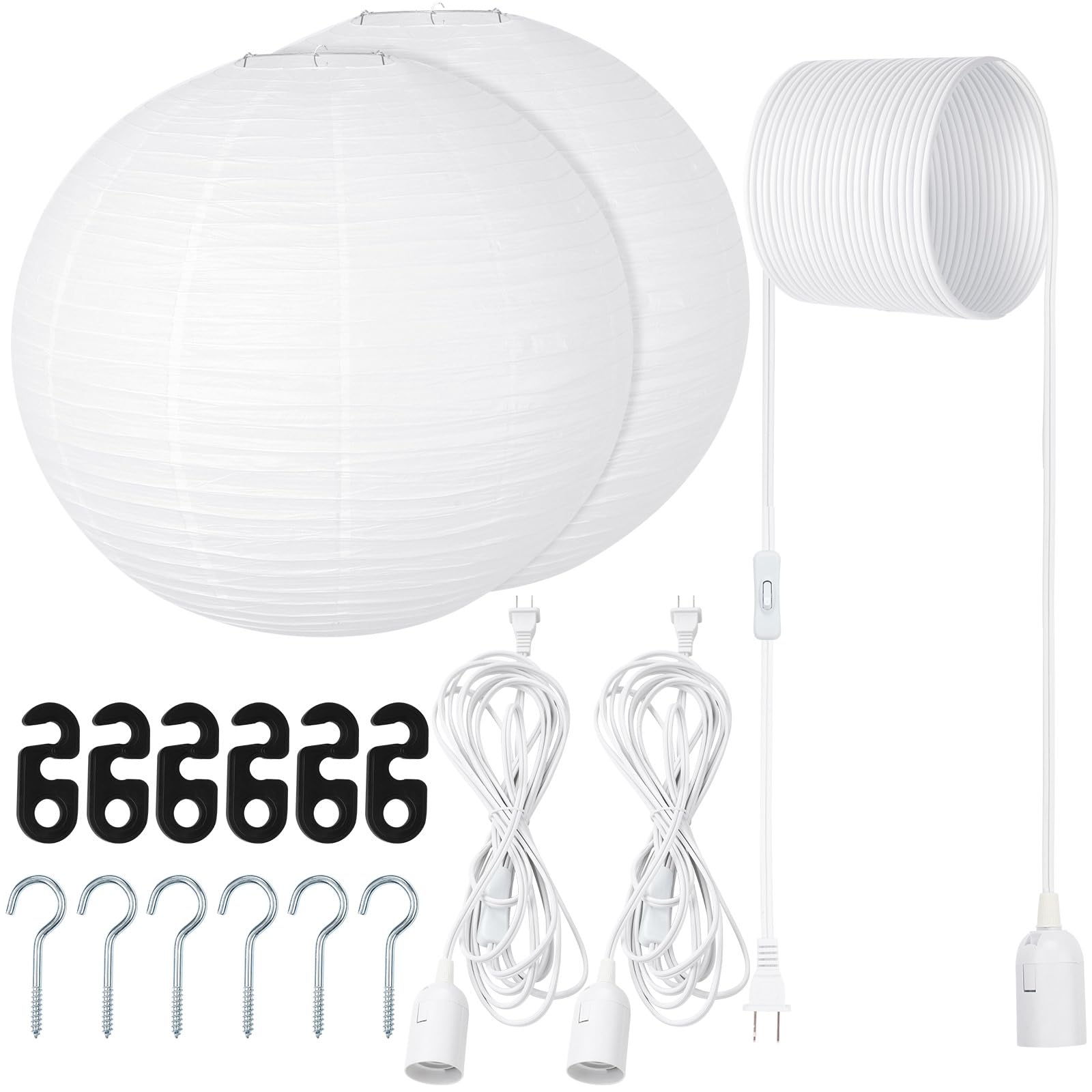 Rossesay 2 Sets Jumbo Paper Lanterns with Lamp Cord Cable White Hanging Paper Lanterns Chinese Japanese Pendant Hanging Lamp for