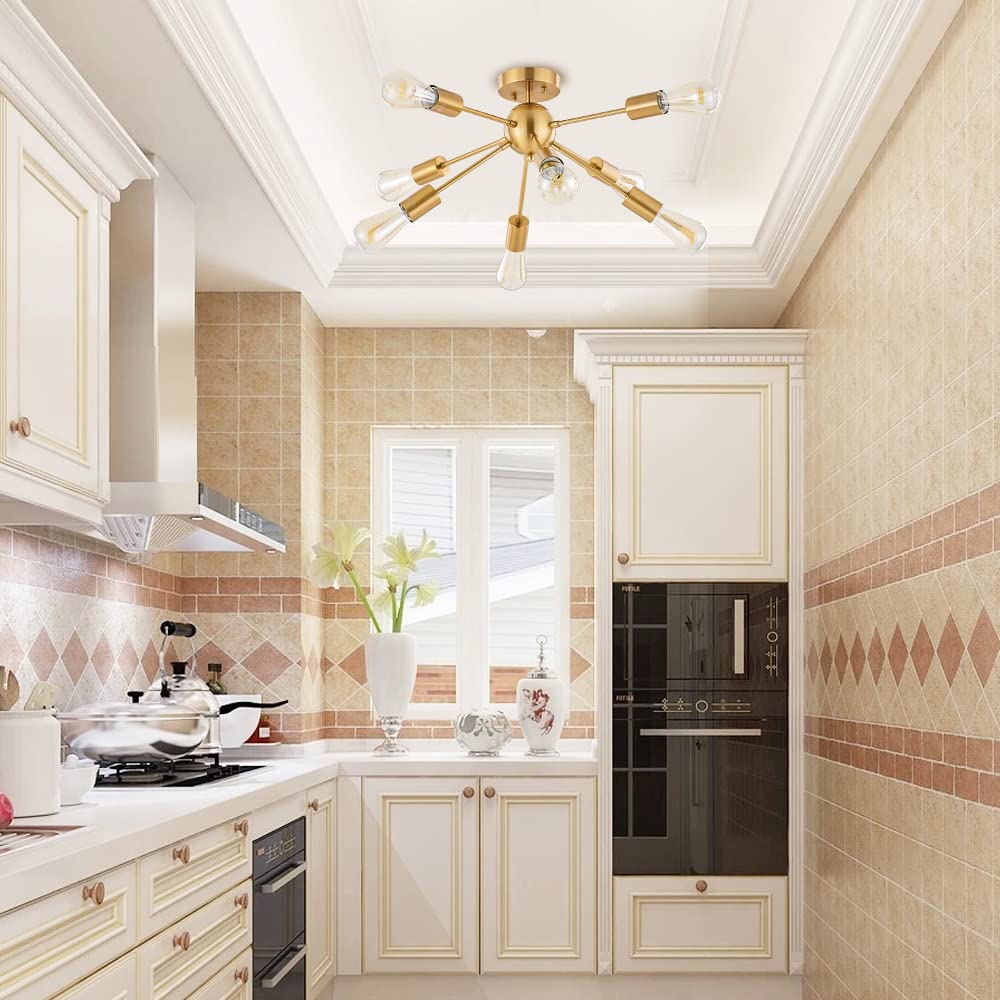 BONLICHT Sputnik Ceiling Light Modern Chandelier 8 Light Brushed Brass Semi Flush Mount for Kitchen Dining Room Bedroom