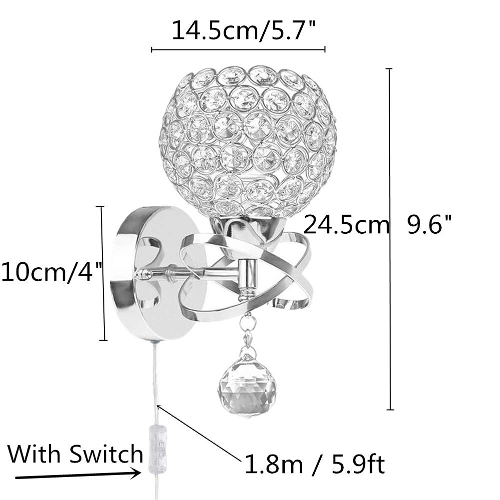 WeFoonLo Round Modern Crystal Wall Light Sconce with Plug, E26 Socket, Chrome Finish, Model TL1135