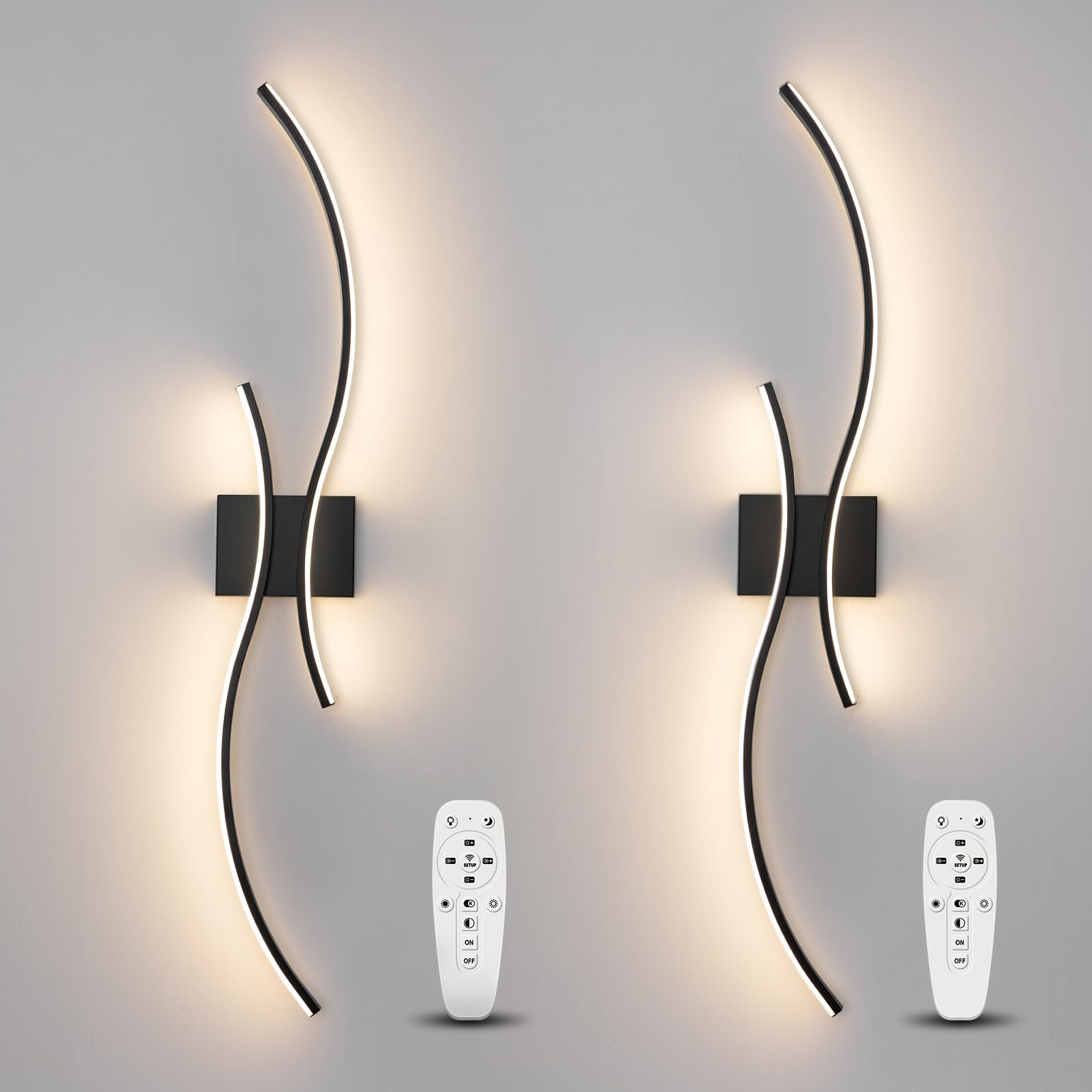 Caneoe Modern Wall Sconce Set Of Two With Remote Control, Dimmable Indoor Led Wall Sconce Lighting Set Of 2, Hardwire Black Led