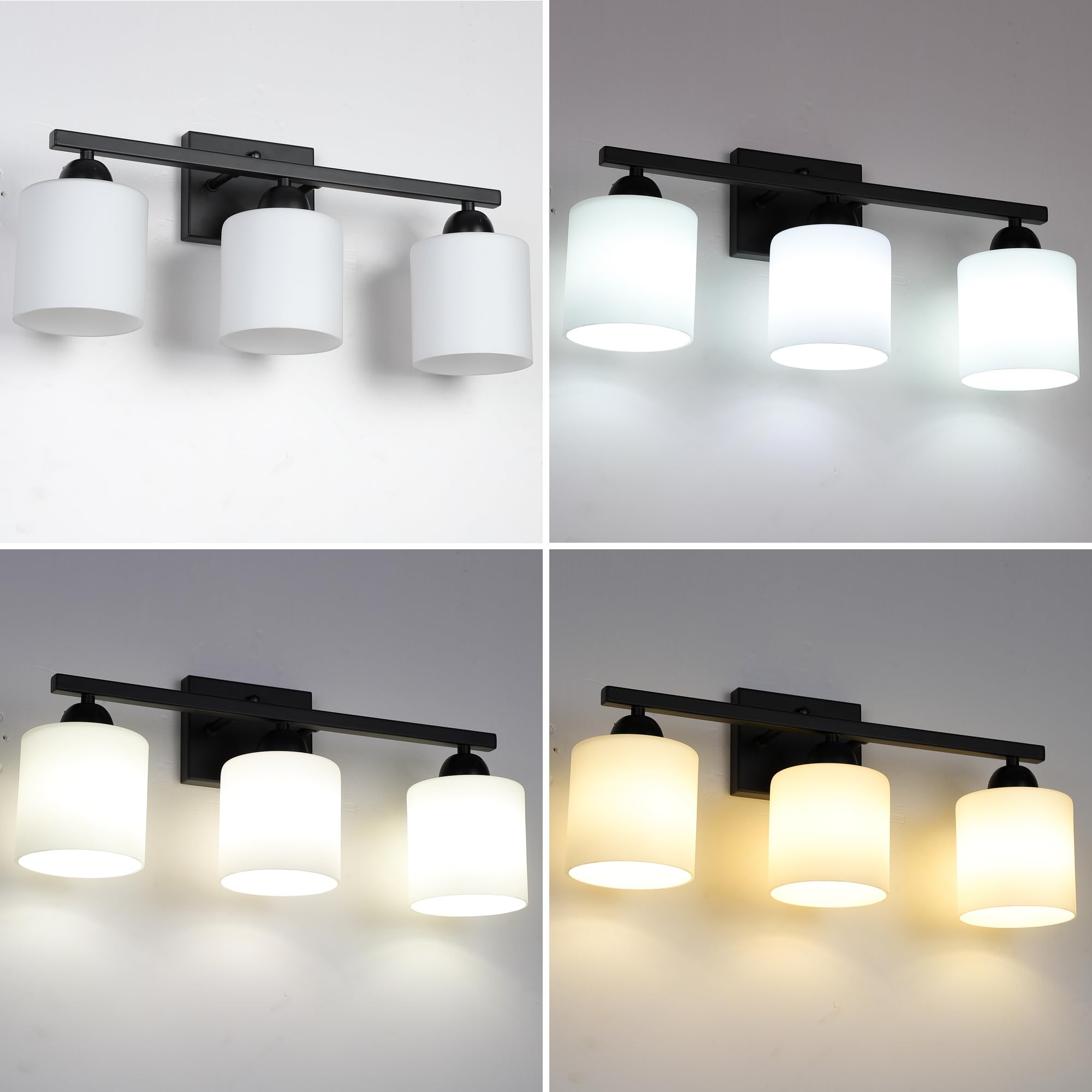 Mecgirn 3 Light Bathroom Vanity Light Fixture, Matte Black Metal with Frosted Glass, Model B0003-3-Black