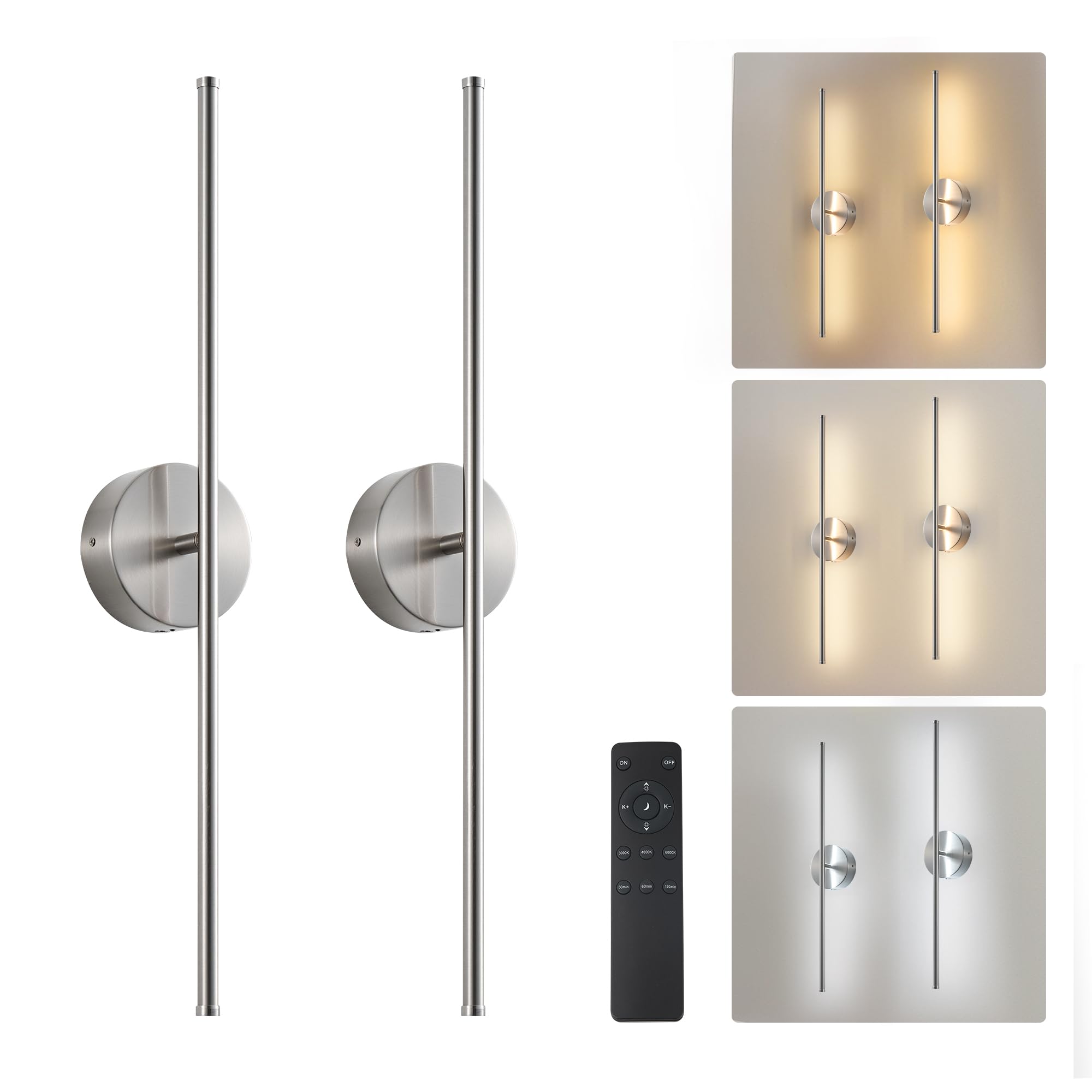KARTOOSH Removable Battery Operated Wall Sconces with Remote Control 350Rotate LED Wireless Wall Lights with 3 Color Temperature