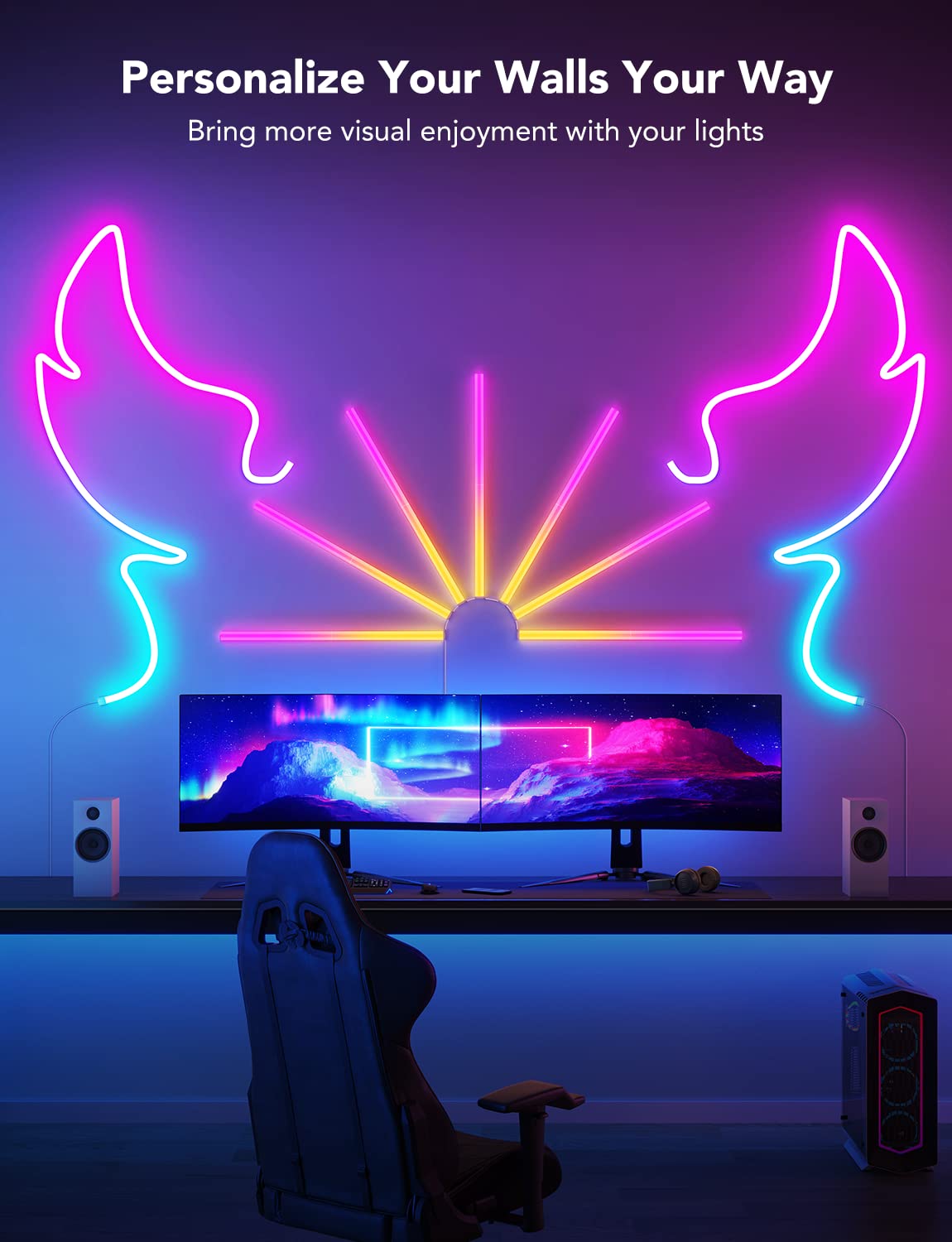 Govee Glide Rgbic Wall Lights, Music Wall Lights Works With Alexa And Google Assistant, Smart Led Light Bars For Bedroom, Living Room, Gaming Room, Party, Music Sync, 7 Panels Set (2 Sections/Panel)