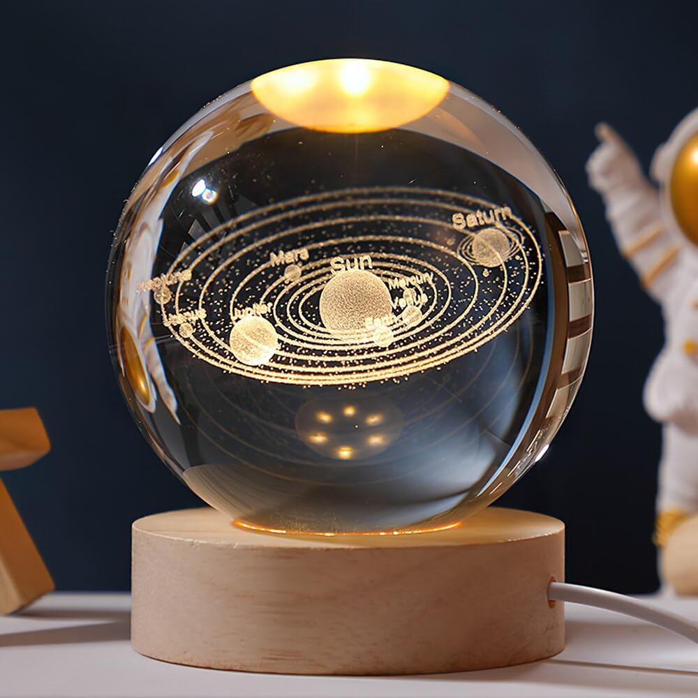 COOFANDY 3D Solar System Crystal Ball Night Light, with Removable Glow Ball, Crystal Glass Art Wooden Base Led Display Stand for