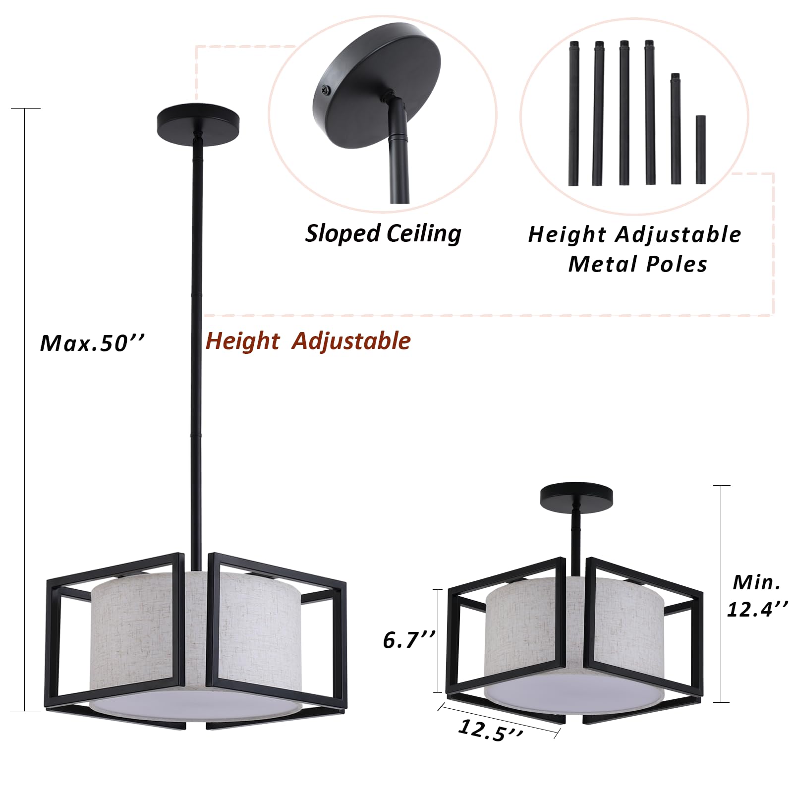 Vexagyle 3-Light Semi Flush Mount Ceiling Light Fixture,12.6   Modern Close To Ceiling Light With Fabric Linen Shade Black Metal