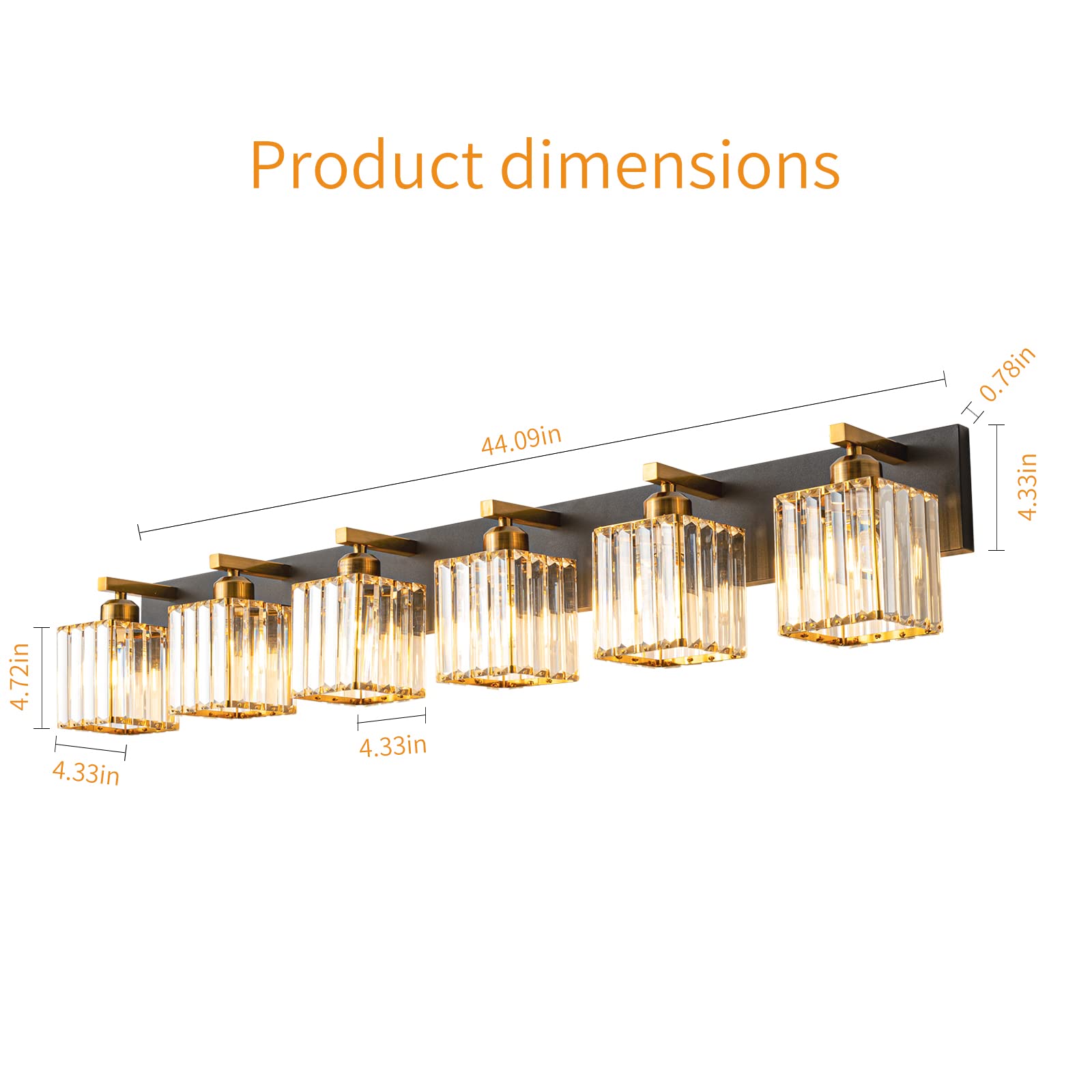 FDPBY Modern Bathroom Vanity Light 6-Light Black Gold Crystal 44.09-inch JW-002