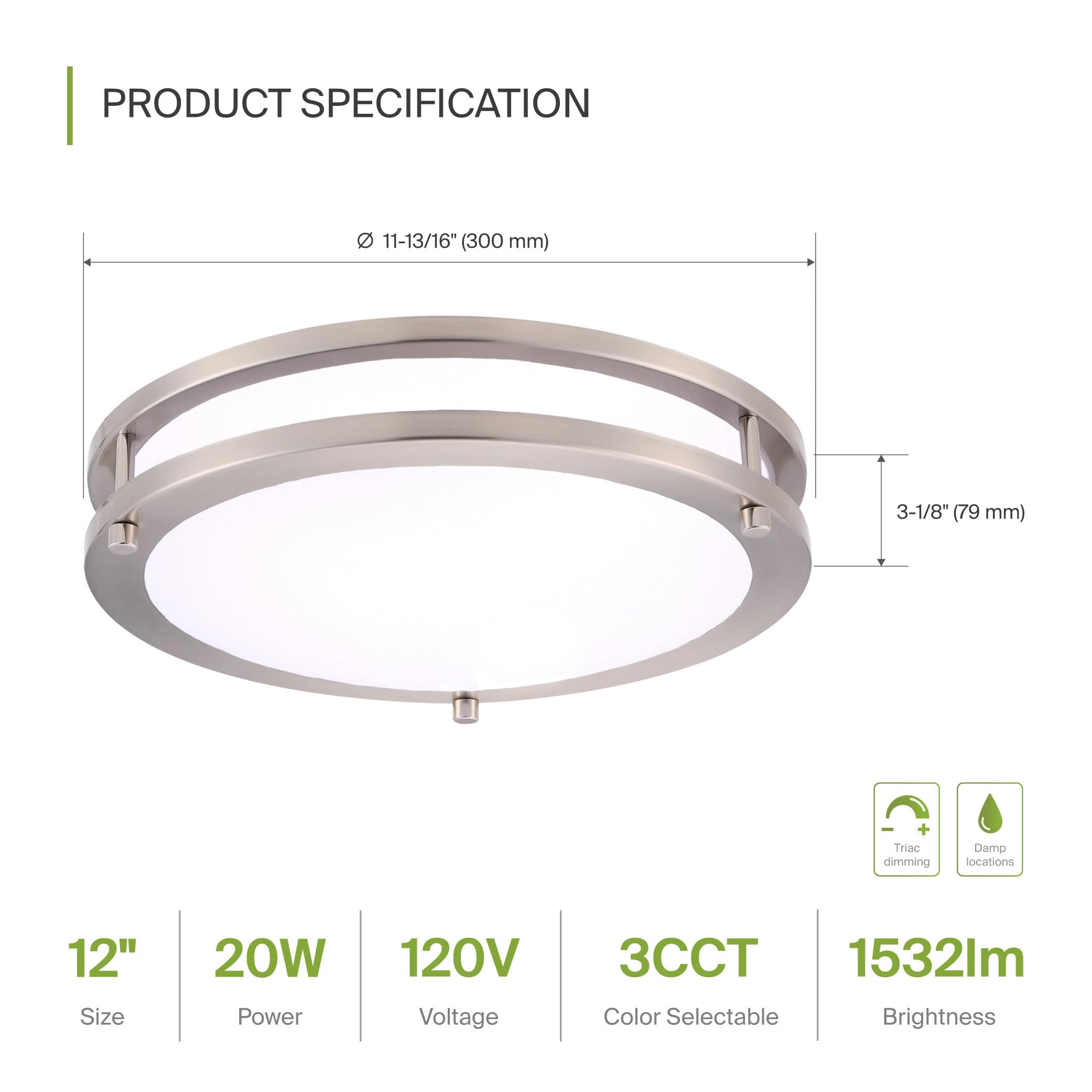 Asd Led 12 Inch Round Flush Mount Light Fixture | 20W 1550Lm 3000K-5000K 120V | 3Cct, Dimmable, Energy Star, Etl Listed | Close