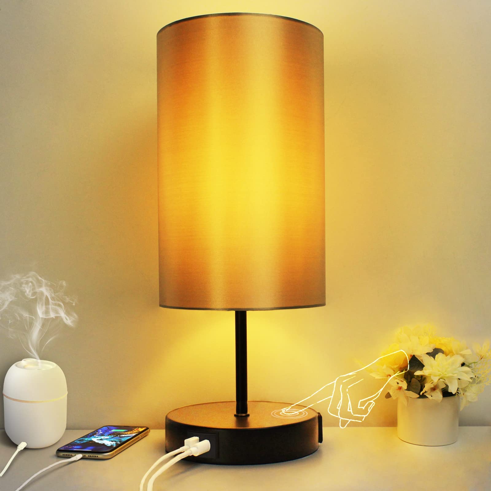 HiBay 17.75 Touch Bedside Table Lamp with USB Charging Ports & AC Outlet, Industrial Black 3-Way Dimmable LED Nightstand Light w