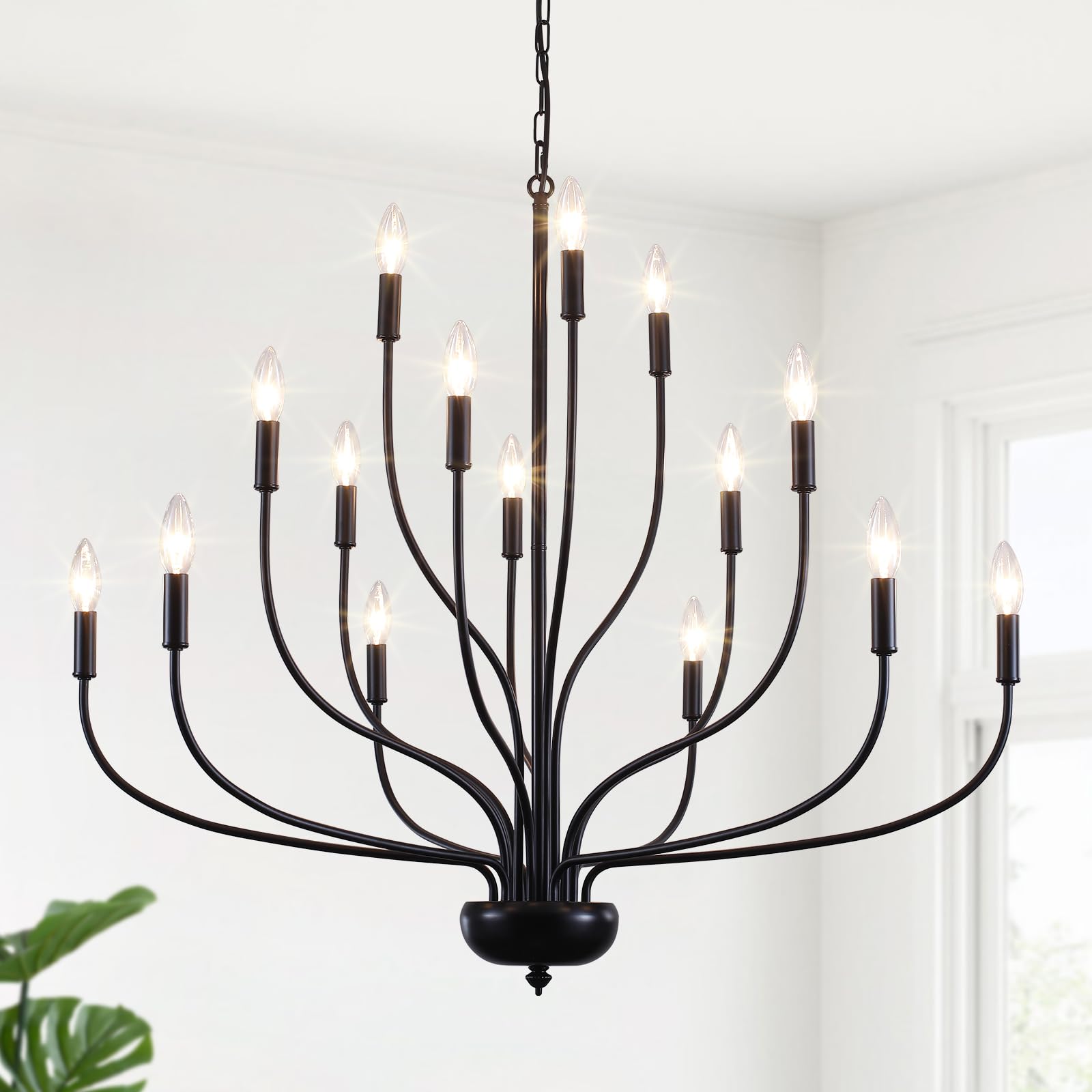 Black Farmhouse Chandelier for Dining Room,15-Light Modern Large Chandelier, 37.4 Candle Style Industrial Metal Hanging Light Fi