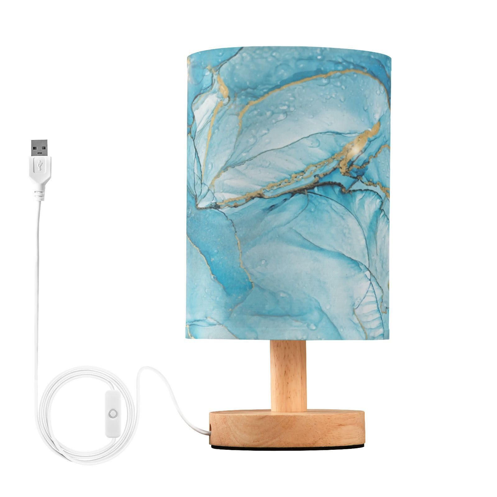 ALAZA Bedside Lamp Blue Marble Liquid Table Lamp for Girls Boys Bedroom with USB Port LED Kids Nightstand Lamp Wood Base Desk Li