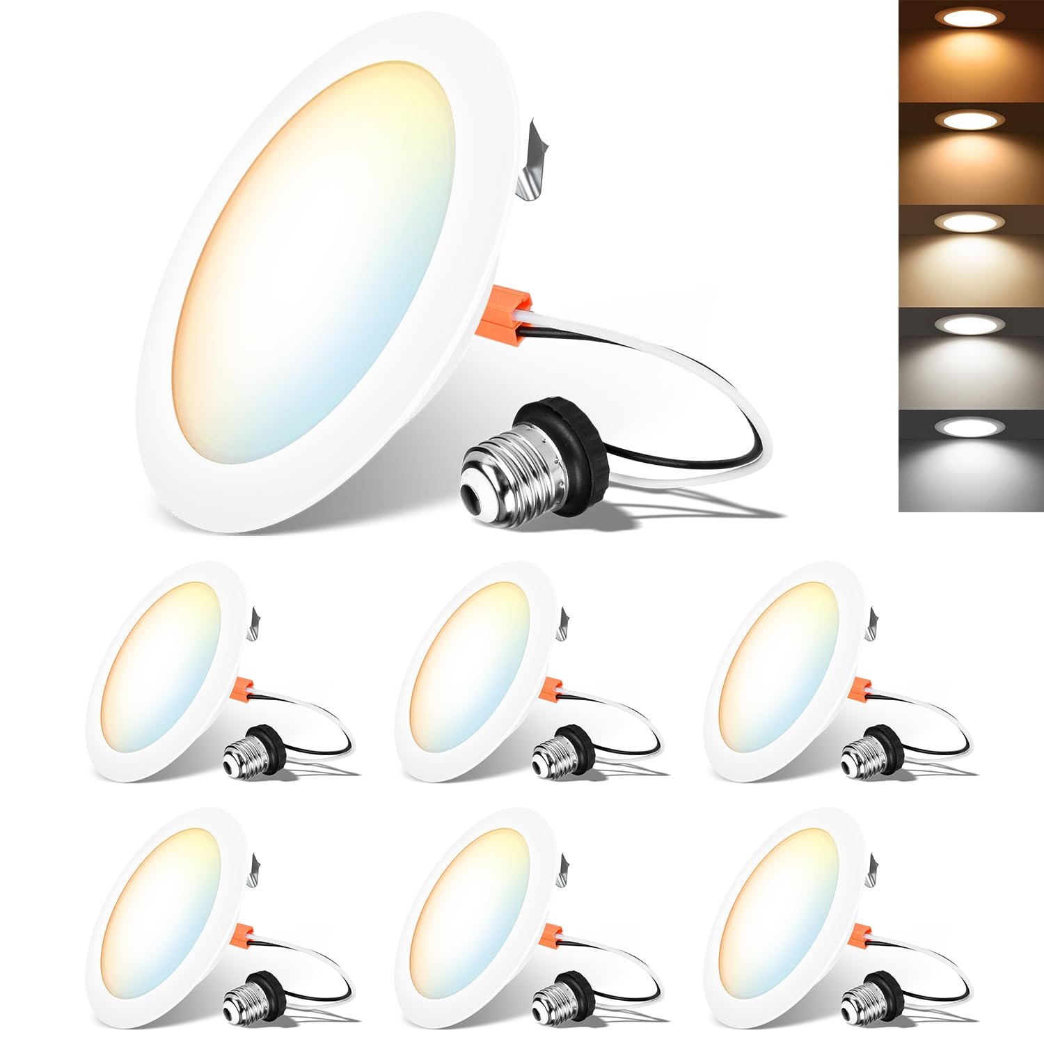 Lvwit Led Recessed Light 4Inch, Can Lighting Color Selectable 2700/3000/4000/5000/6000K 5Cct, 7W(85W Equivalent) Dimmable Downlight With E26 Conversion Kit, Retro Fit Ceiling Light Fixtures, 6 Pack