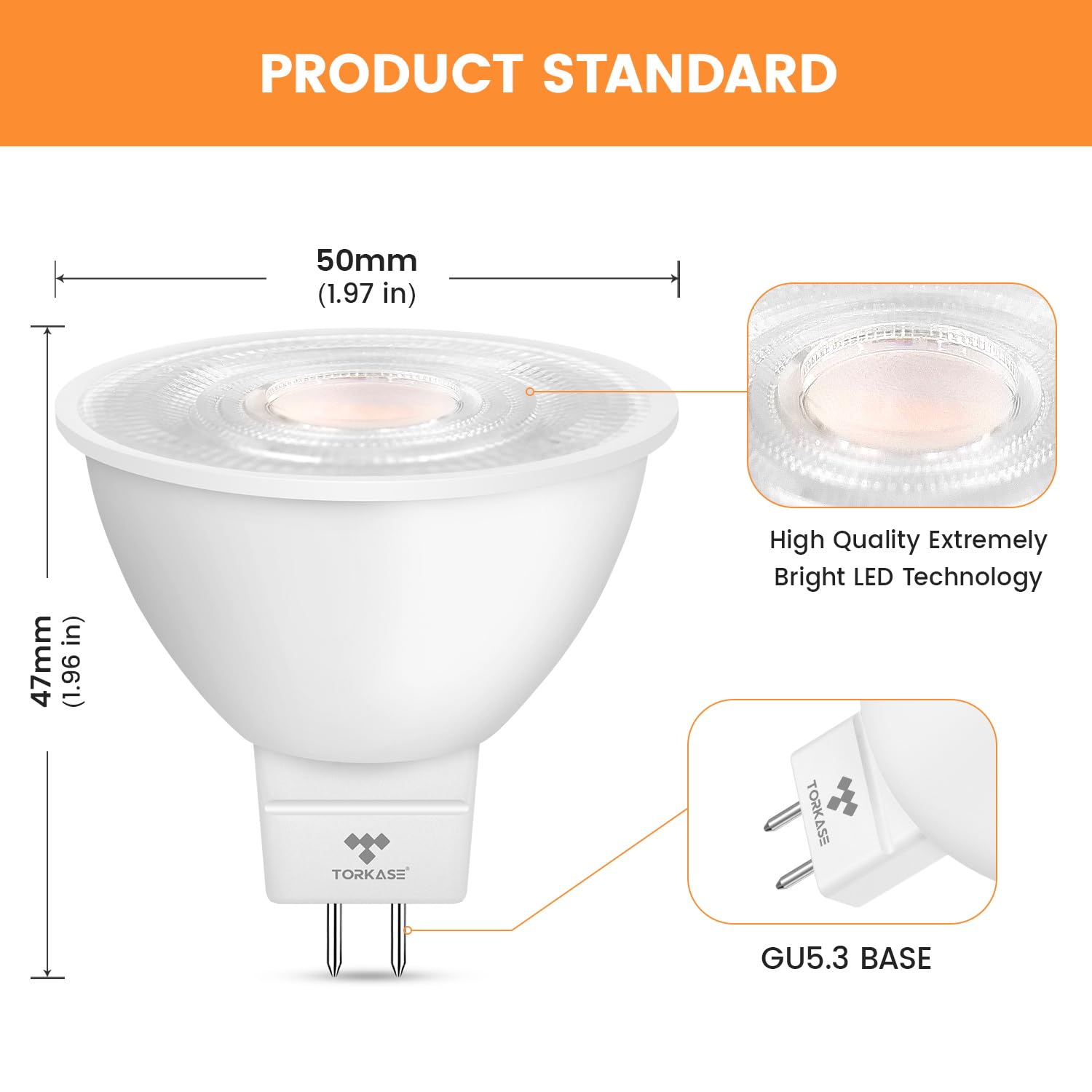 Torkase MR16 LED Bulb, 50W Halogen Equivalent, 5W, GU5.3 12V, Non-Dimmable, 3000K Warm White,
